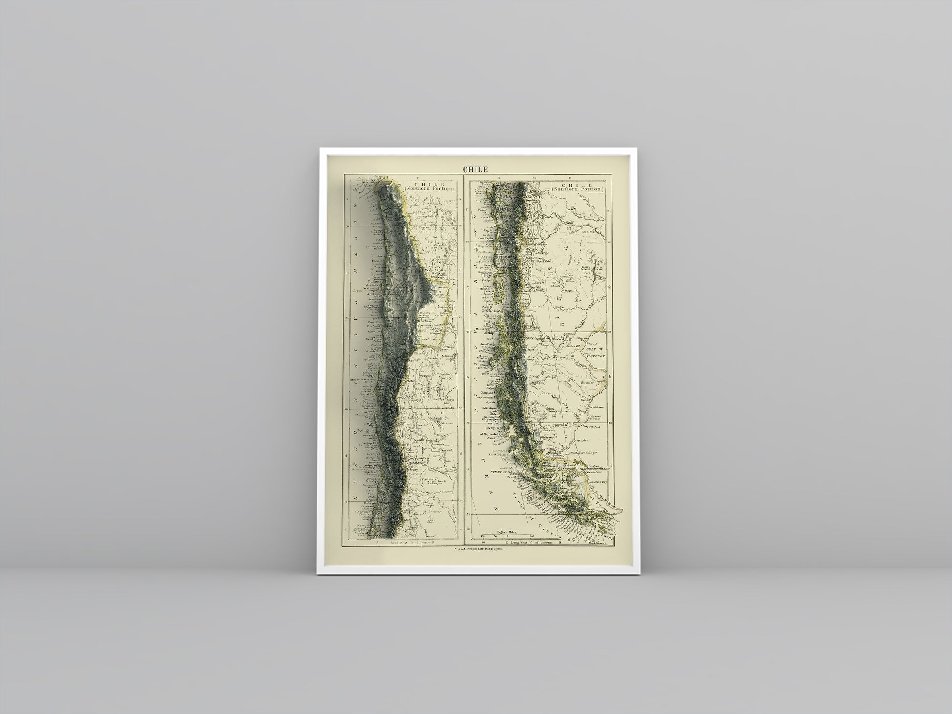 Chile vintage framed shaded relief map in white frame. Artistic print highlighting mountains with a realistic 3d effect