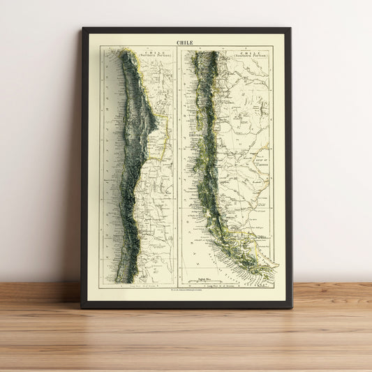 Chile vintage framed shaded relief map in black frame. Artistic print highlighting mountains with a realistic terrain effect
