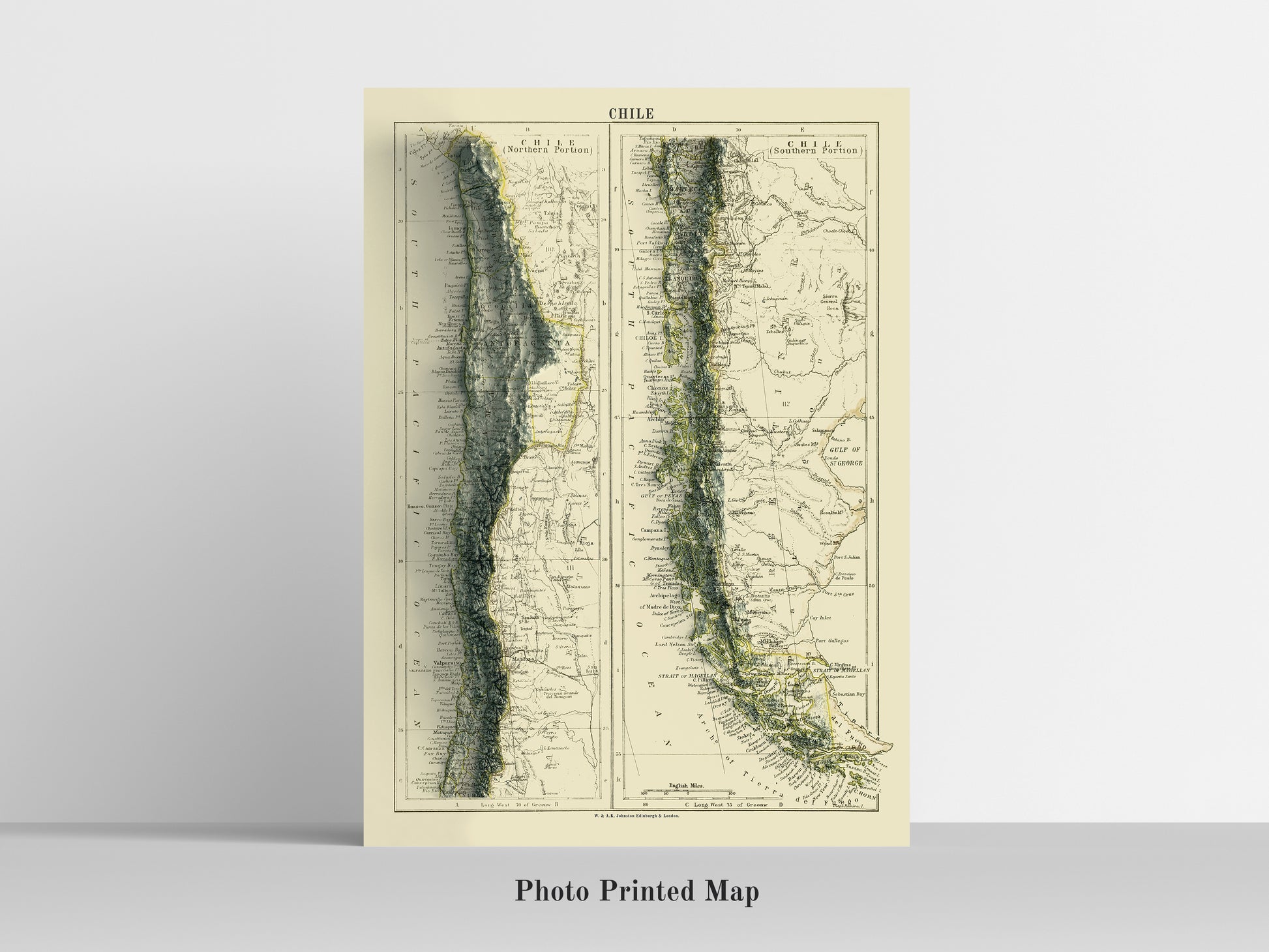 Chile Shaded relief map print, highlighting topography. Ideal for home decor and geography lovers