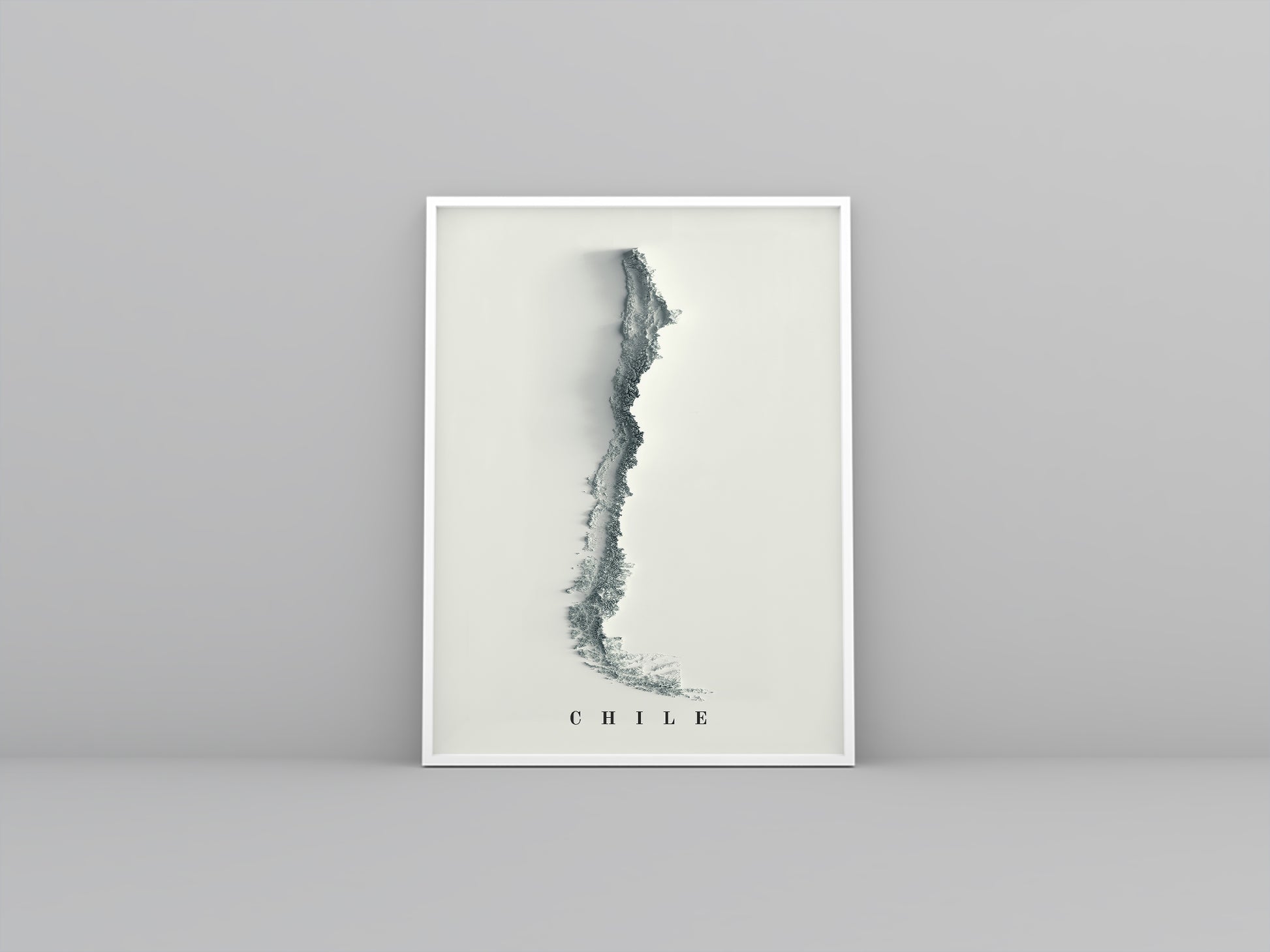 Chile vintage framed shaded relief map in white frame. Artistic print highlighting mountains with a realistic 3d effect