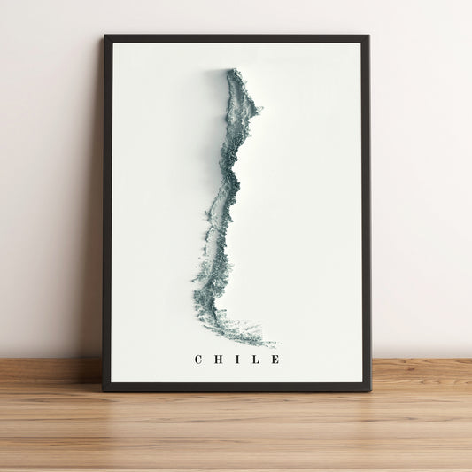 Chile framed shaded relief map in black frame. Artistic print highlighting mountains with a realistic terrain effect