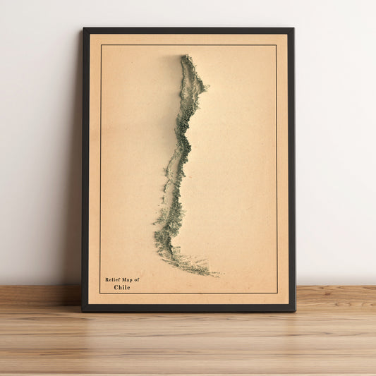 Chile vintage framed shaded relief map in black frame. Artistic print highlighting mountains with a realistic terrain effect