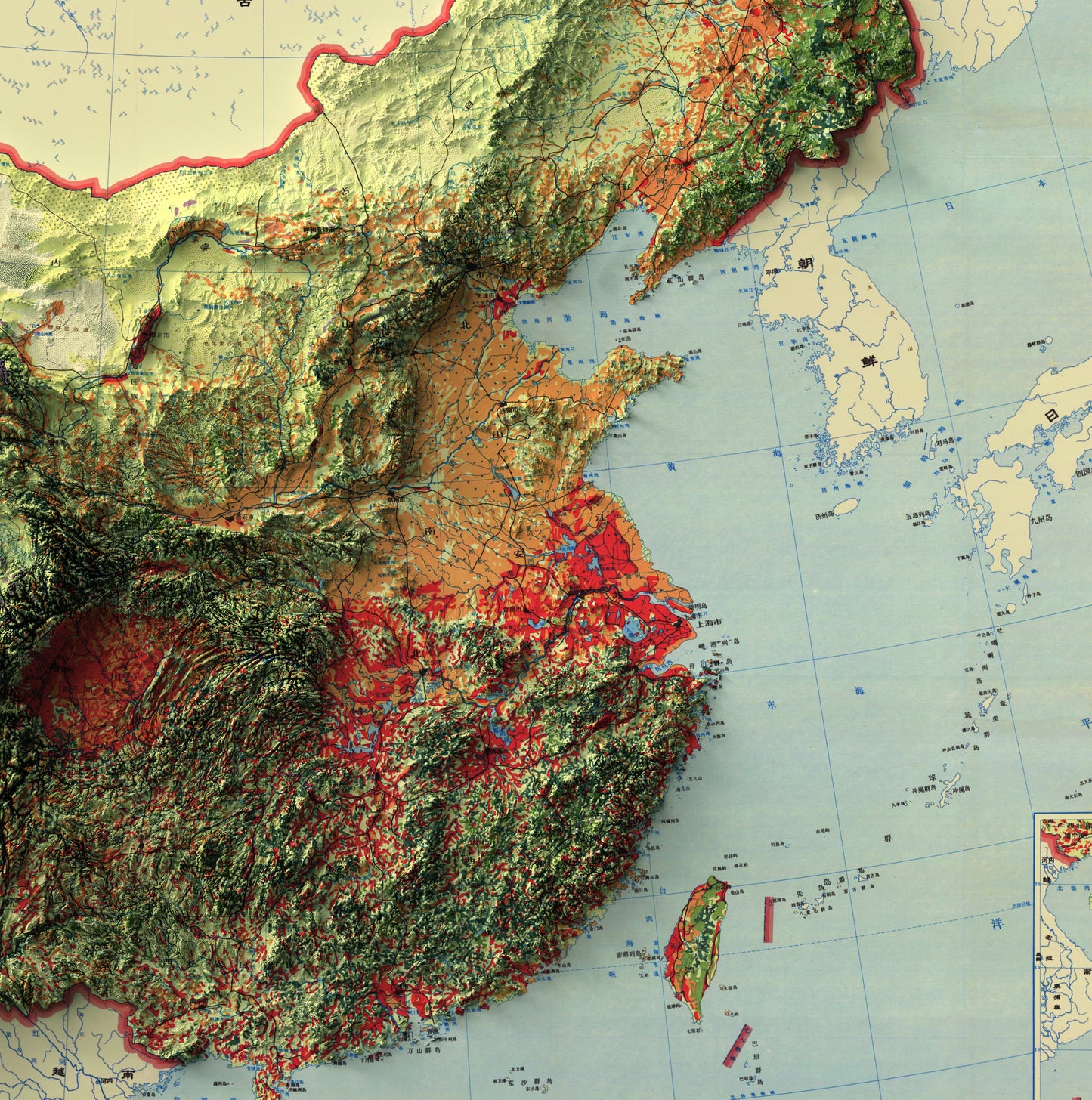 Detailed close-up of a China relief map, showcasing textured topography and geographic contours