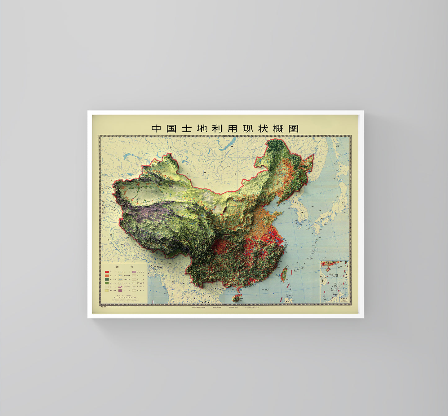 China vintage framed shaded relief map in white frame. Artistic print highlighting mountains with a realistic 3d effect