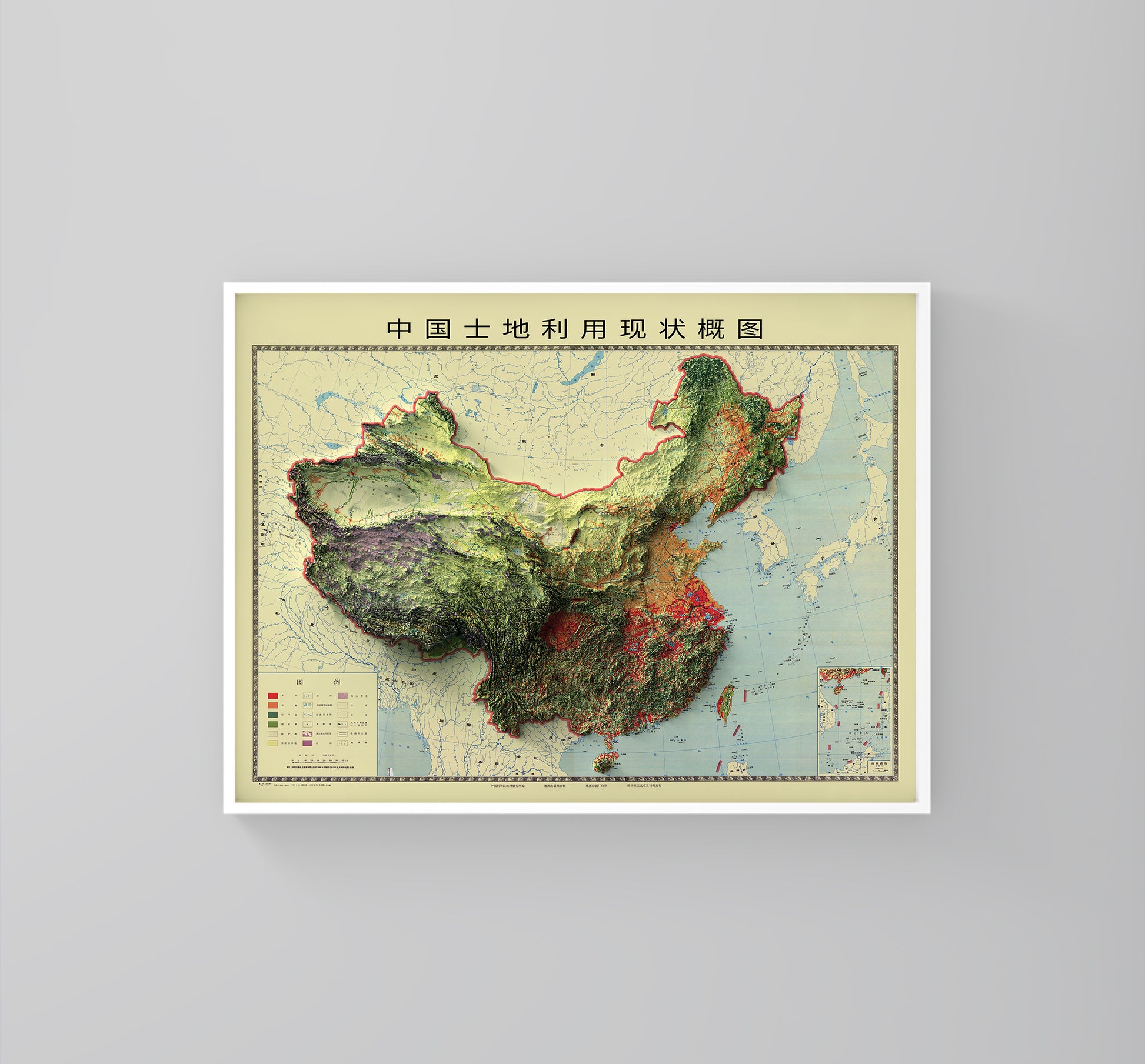 China vintage framed shaded relief map in white frame. Artistic print highlighting mountains with a realistic 3d effect