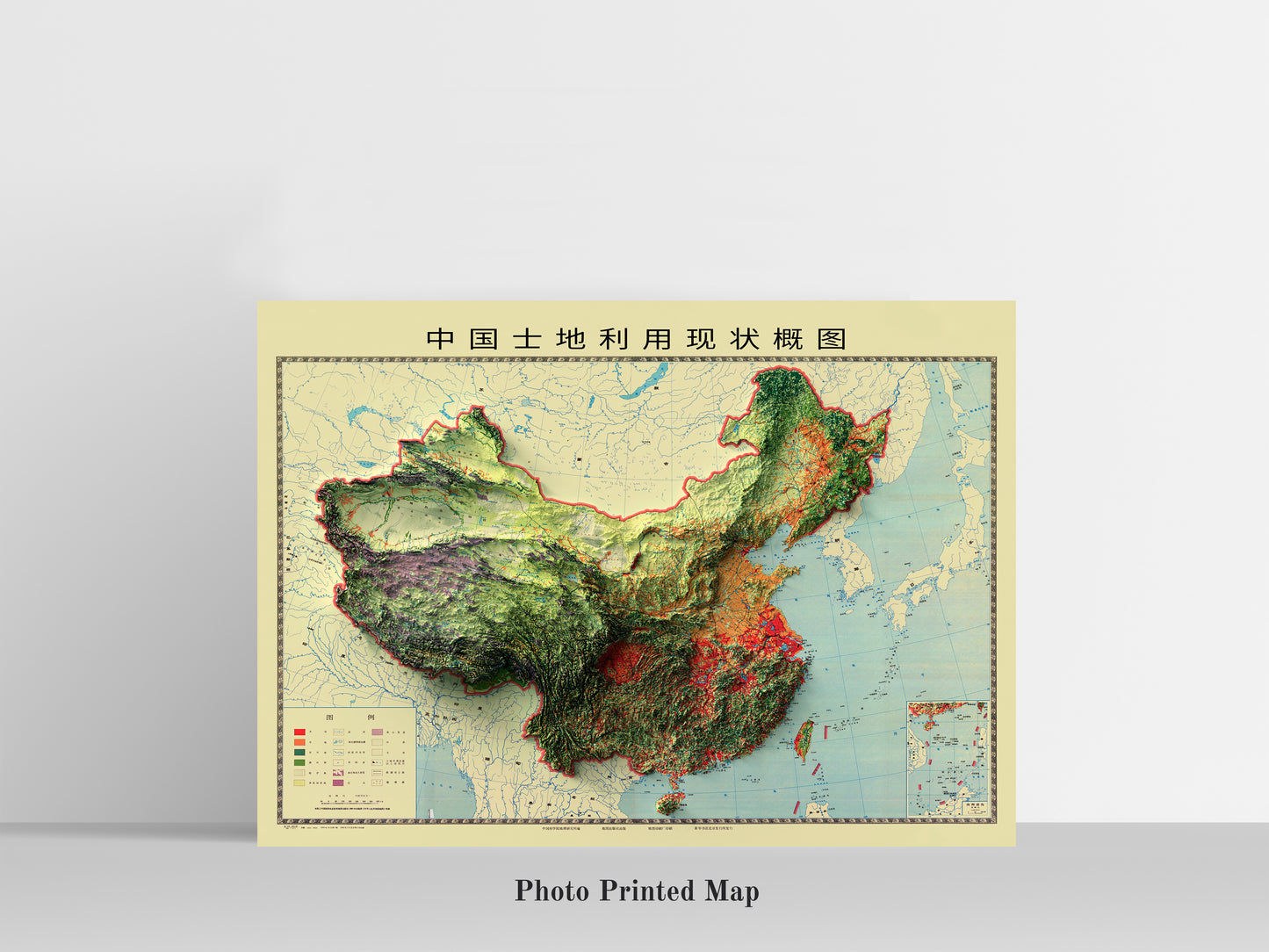 China Shaded relief map print, highlighting topography. Ideal for home decor and geography lovers