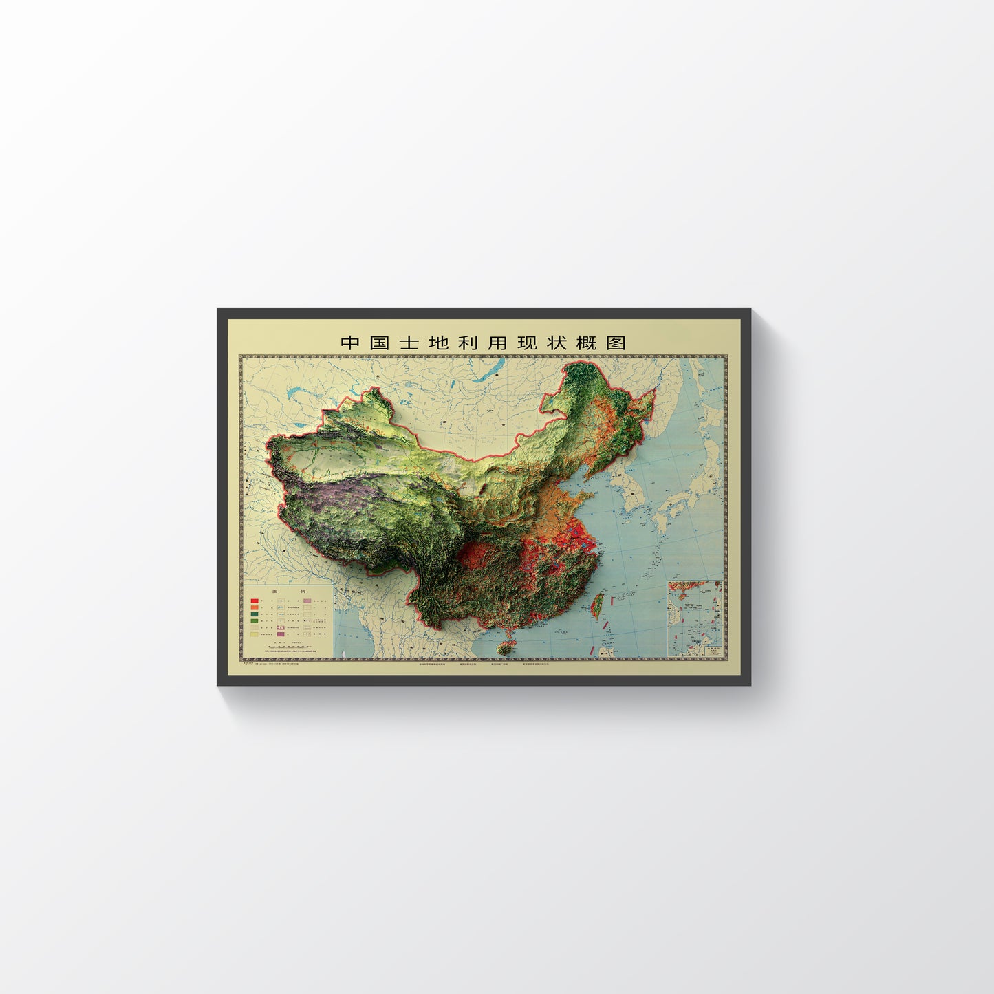 China vintage framed shaded relief map in black frame. Artistic print highlighting mountains with a realistic terrain effect