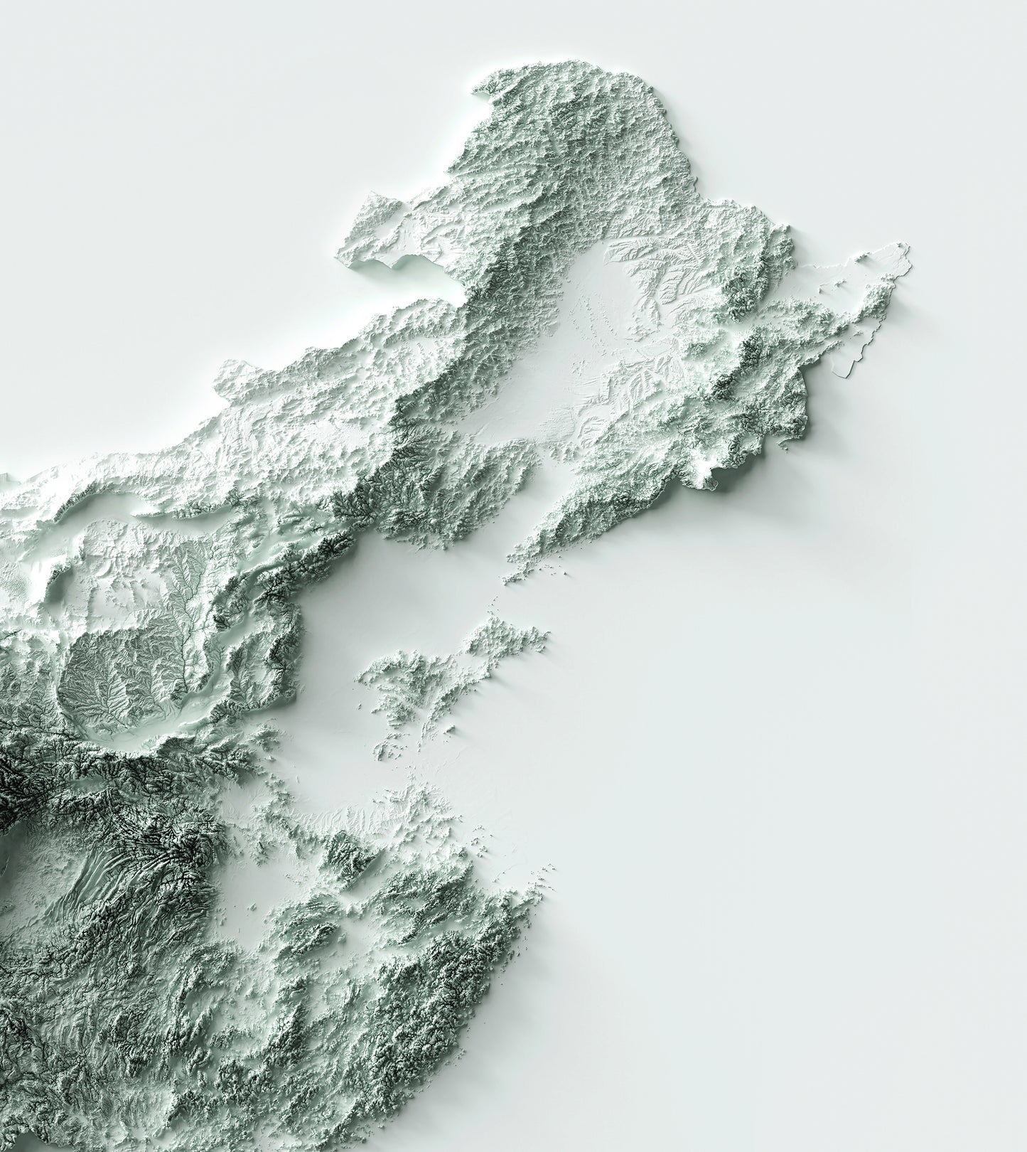 Detailed close-up of a China relief map, showcasing textured topography and geographic contours