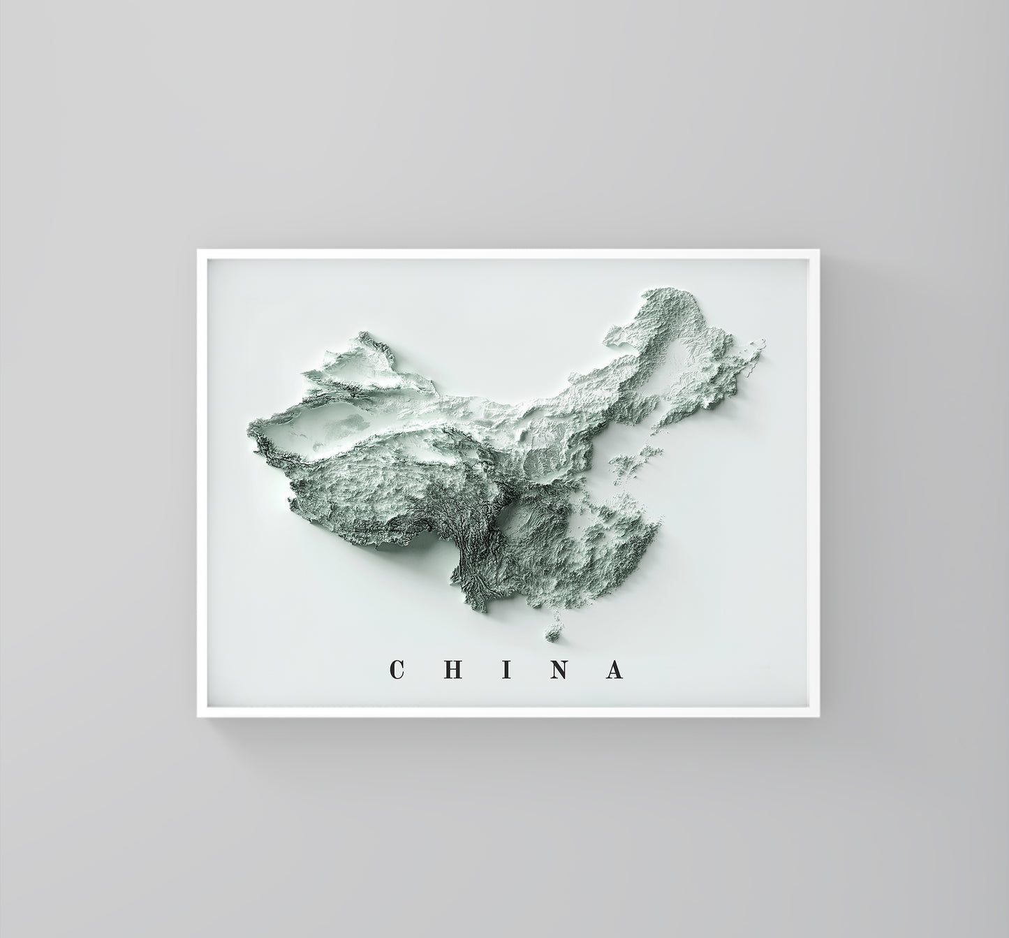 China vintage framed shaded relief map in white frame. Artistic print highlighting mountains with a realistic 3d effect
