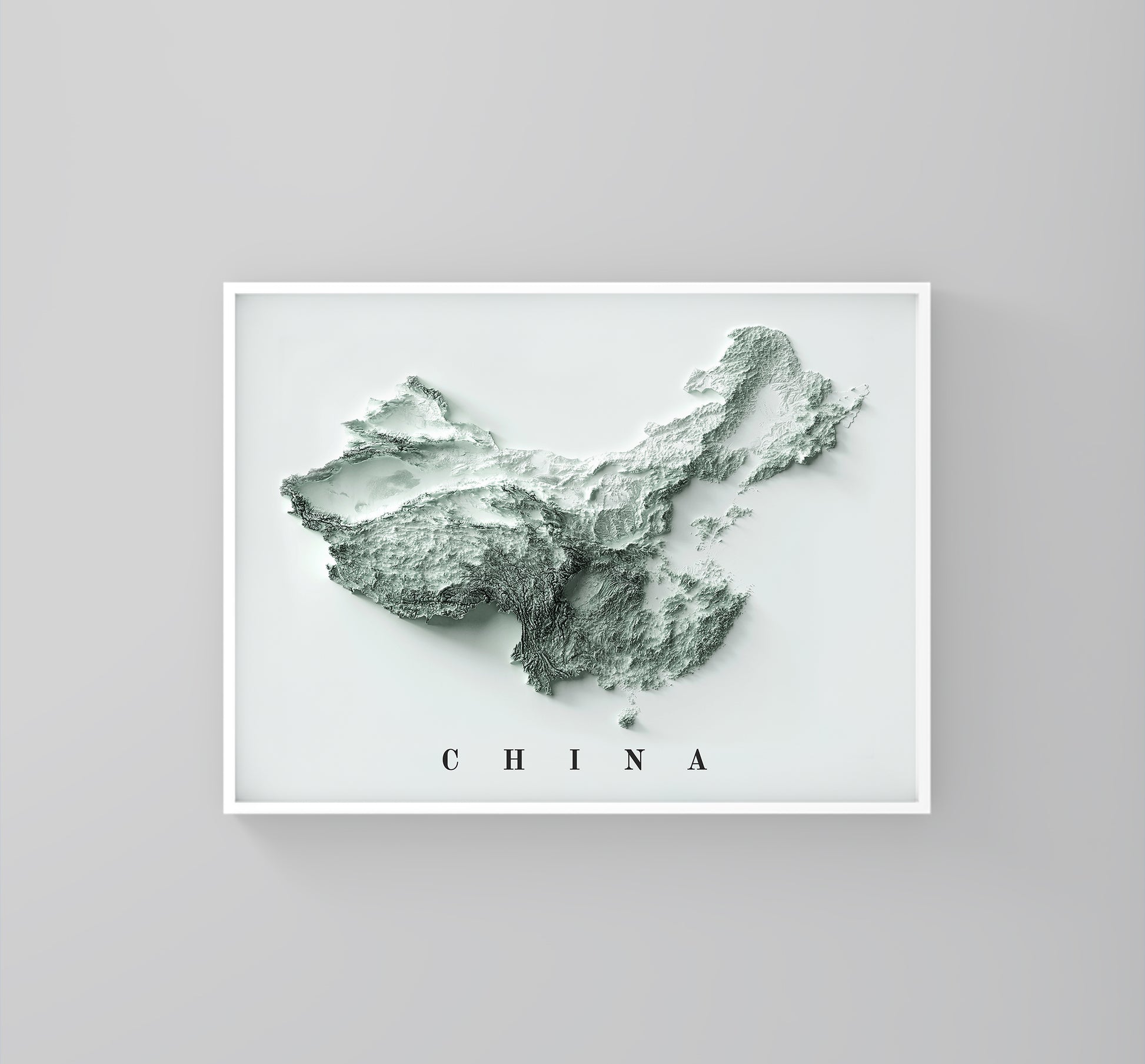 China vintage framed shaded relief map in white frame. Artistic print highlighting mountains with a realistic 3d effect