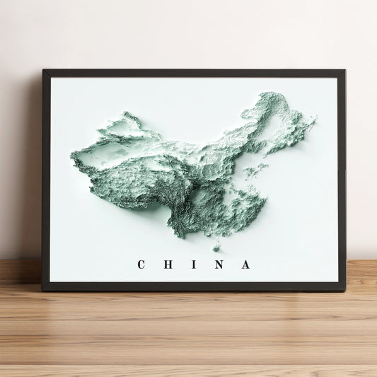 China framed shaded relief map in black frame. Artistic print highlighting mountains with a realistic terrain effect
