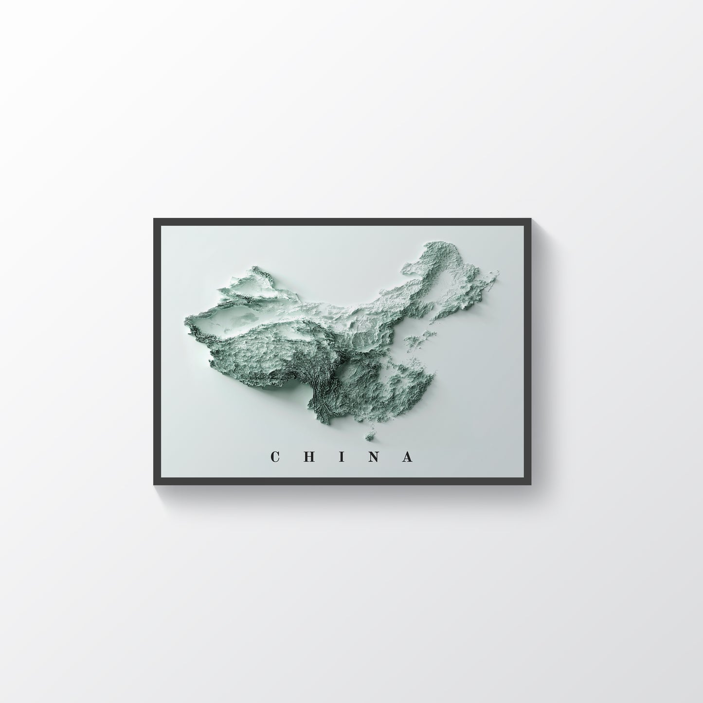 China vintage framed shaded relief map in black frame. Artistic print highlighting mountains with a realistic terrain effect