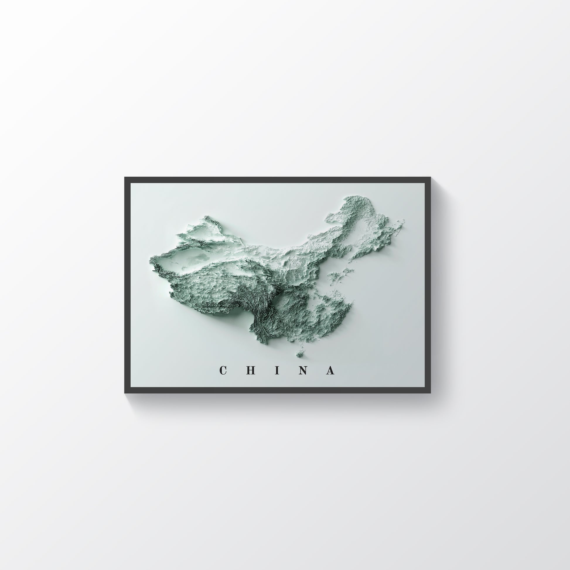 China vintage framed shaded relief map in black frame. Artistic print highlighting mountains with a realistic terrain effect
