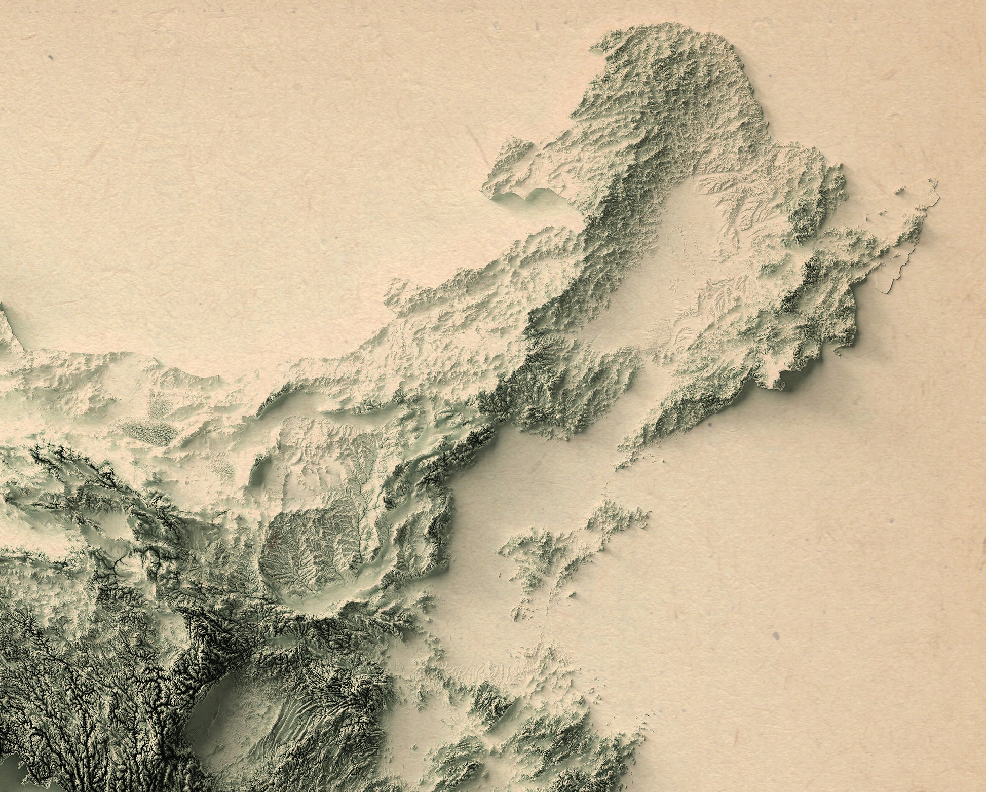 Detailed close-up of a China relief map, showcasing textured topography and geographic contours