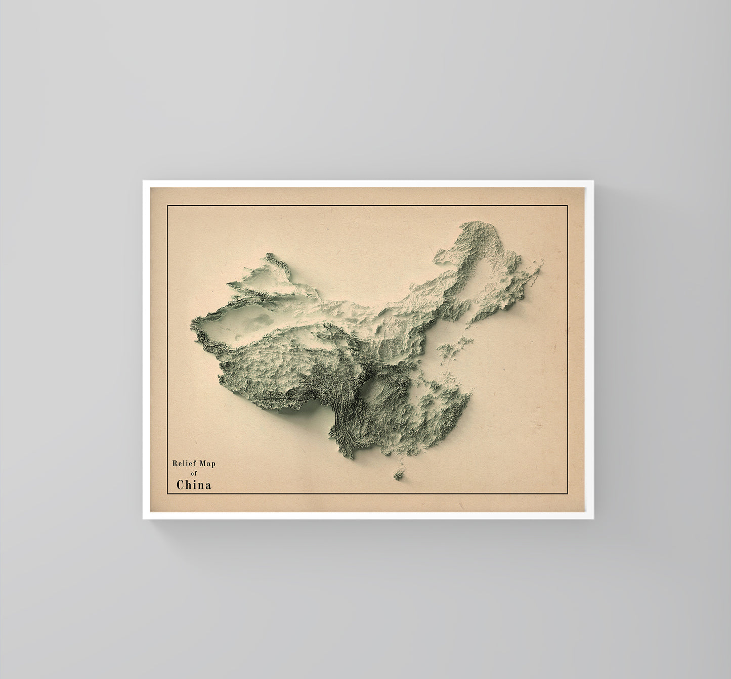China vintage framed shaded relief map in white frame. Artistic print highlighting mountains with a realistic 3d effect