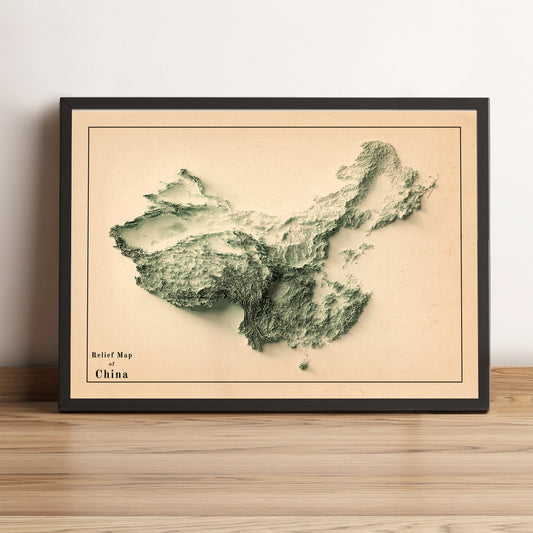 China vintage framed shaded relief map in black frame. Artistic print highlighting mountains with a realistic terrain effect