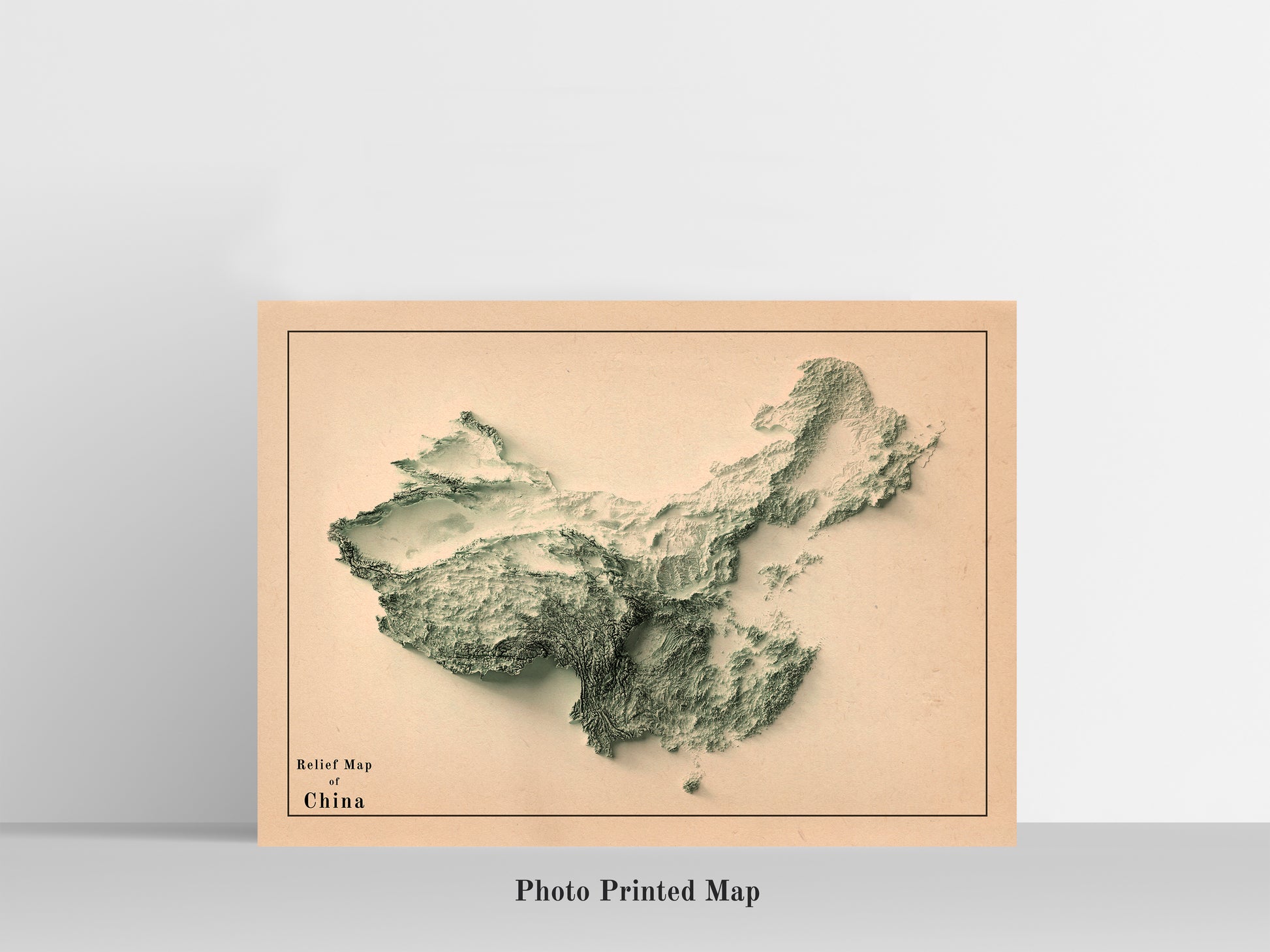 China Shaded relief map print, highlighting topography. Ideal for home decor and geography lovers