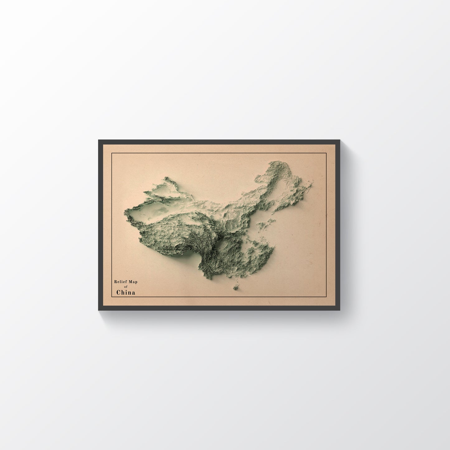 China vintage framed shaded relief map in black frame. Artistic print highlighting mountains with a realistic terrain effect