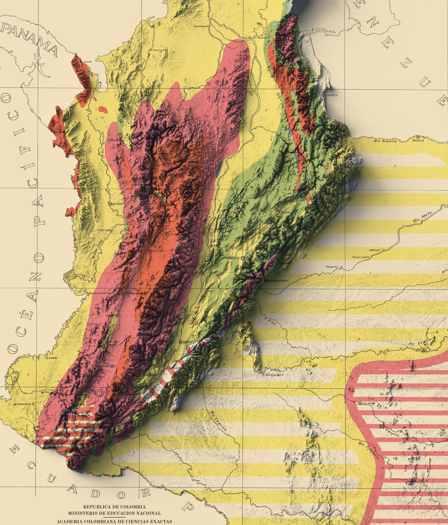 Detailed close-up of a Colombia relief map, showcasing textured topography and geographic contours
