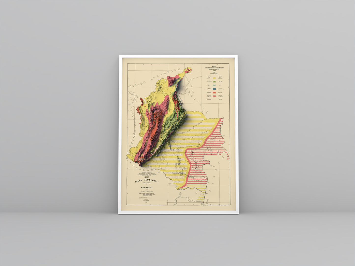 Colombia vintage framed shaded relief map in white frame. Artistic print highlighting mountains with a realistic 3d effect