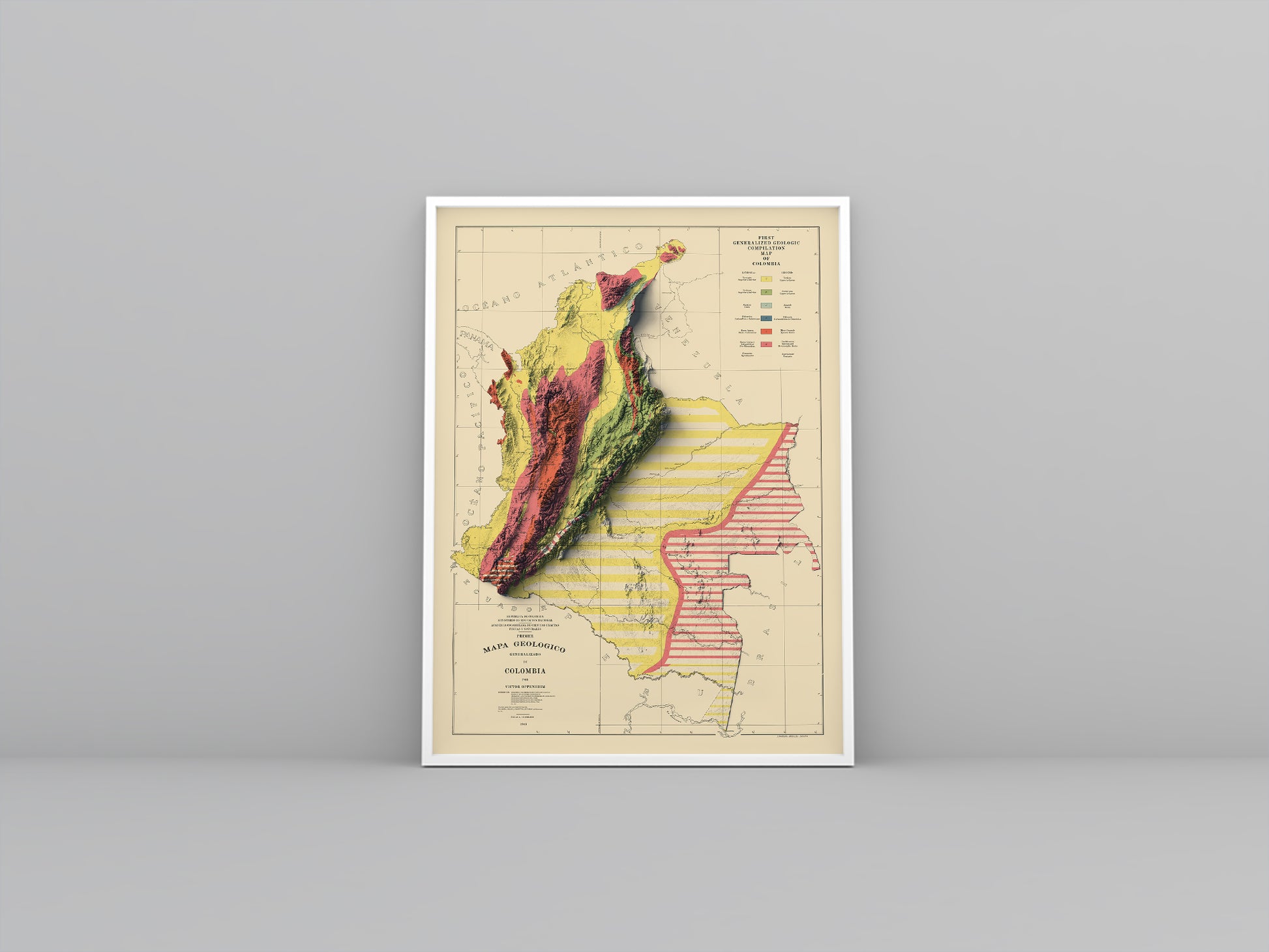 Colombia vintage framed shaded relief map in white frame. Artistic print highlighting mountains with a realistic 3d effect