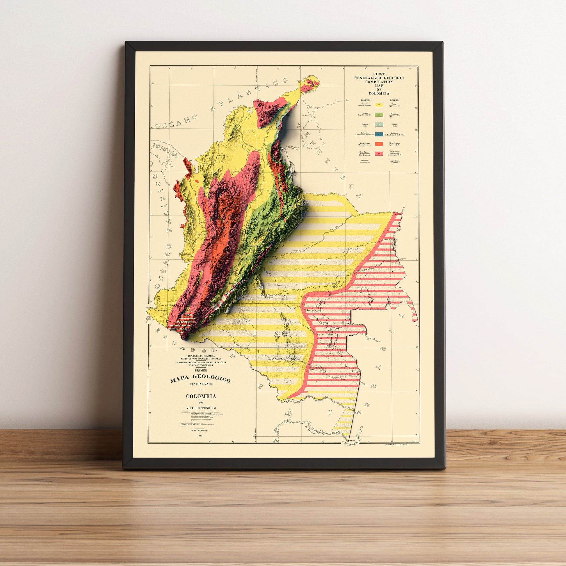 Colombia vintage framed shaded relief map in black frame. Artistic print highlighting mountains with a realistic terrain effect