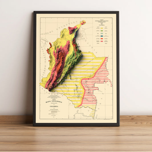 Colombia vintage framed shaded relief map in black frame. Artistic print highlighting mountains with a realistic terrain effect