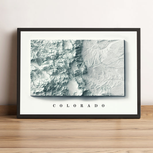 Colorado (USA) framed shaded relief map in black frame. Artistic print highlighting mountains with a realistic terrain effect