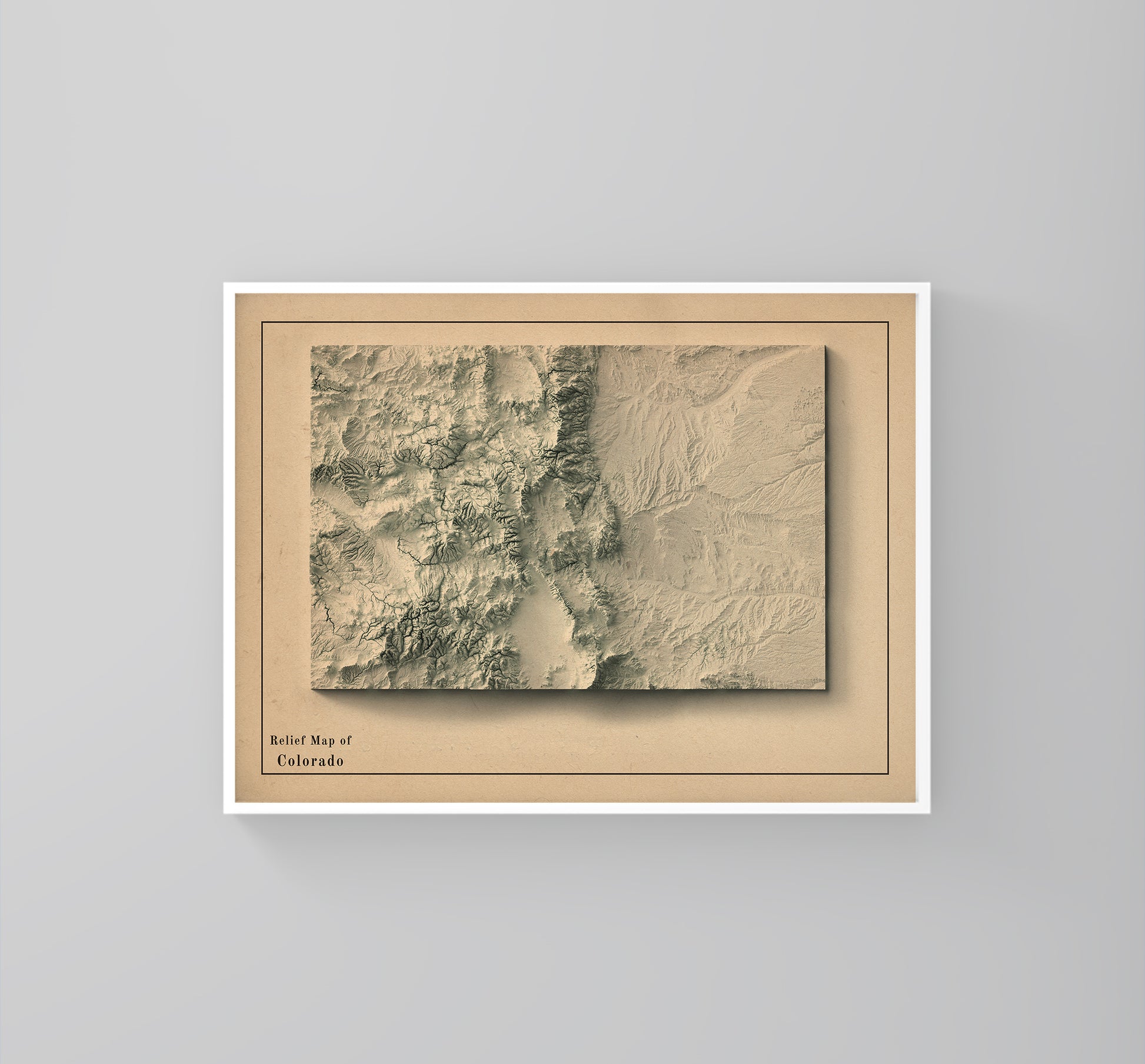 Colorado (USA) vintage framed shaded relief map in white frame. Artistic print highlighting mountains with a realistic 3d effect