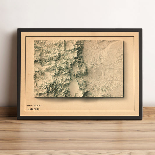 Colorado (USA) vintage framed shaded relief map in black frame. Artistic print highlighting mountains with a realistic terrain effect