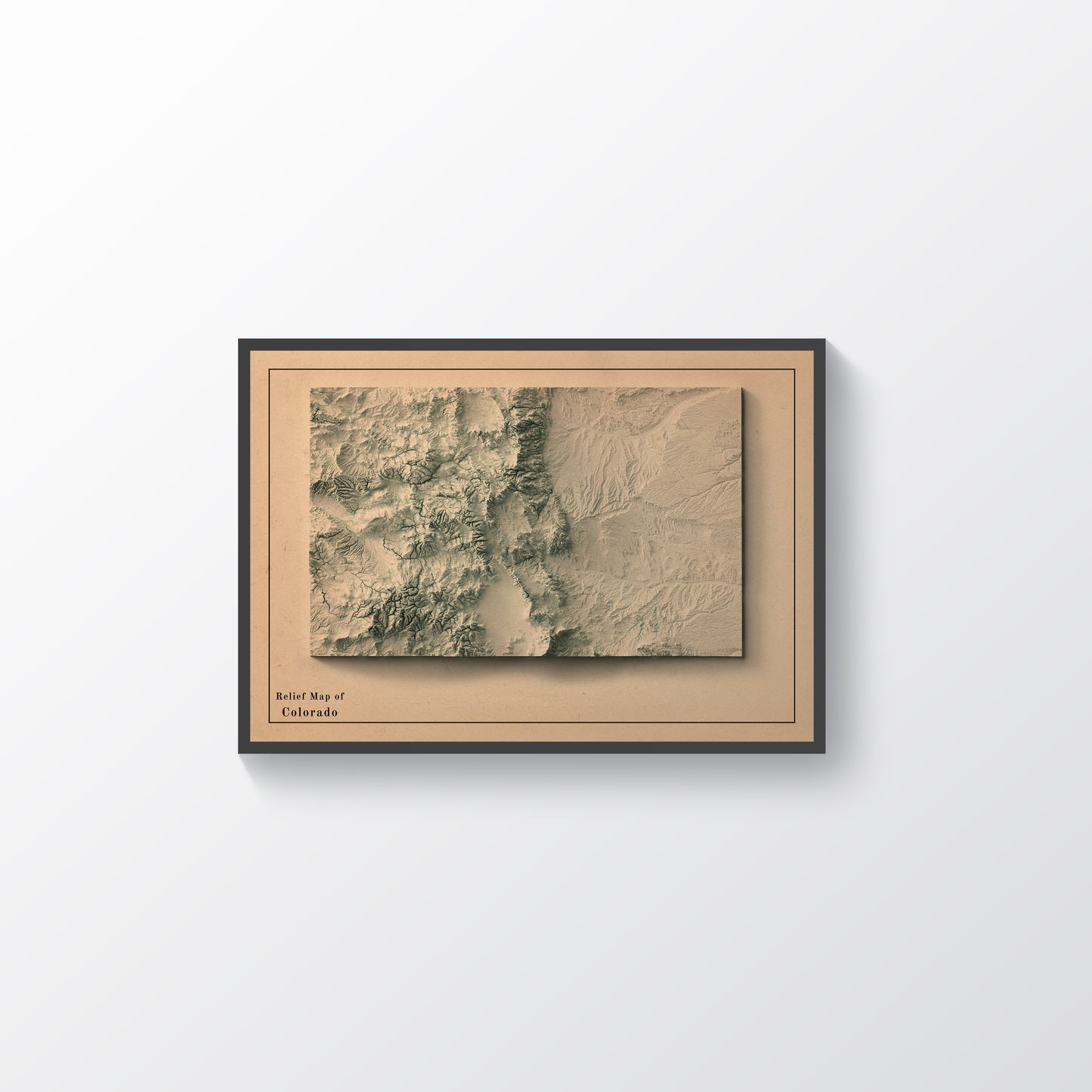 Colorado (USA) vintage framed shaded relief map in black frame. Artistic print highlighting mountains with a realistic terrain effect