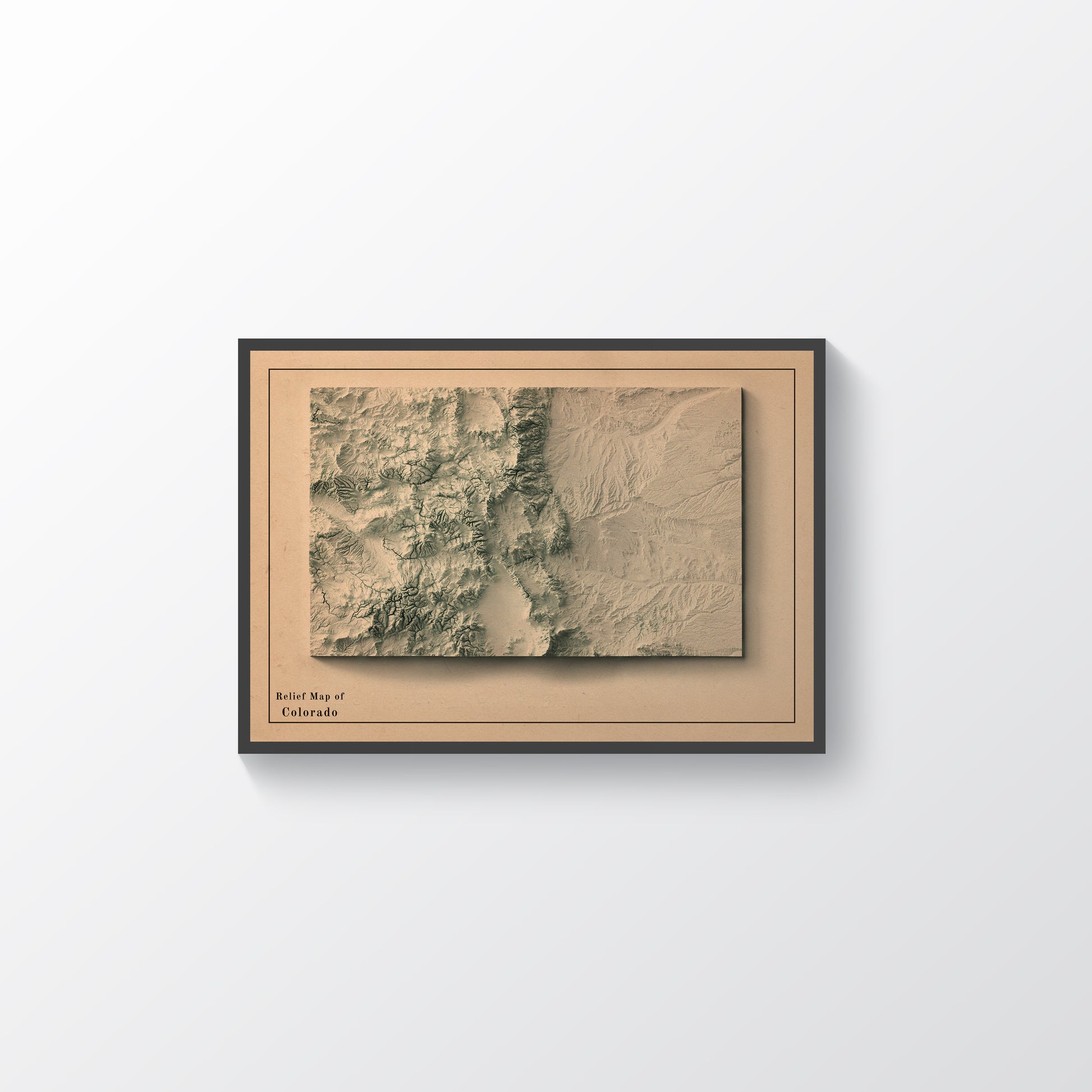 Colorado (USA) vintage framed shaded relief map in black frame. Artistic print highlighting mountains with a realistic terrain effect