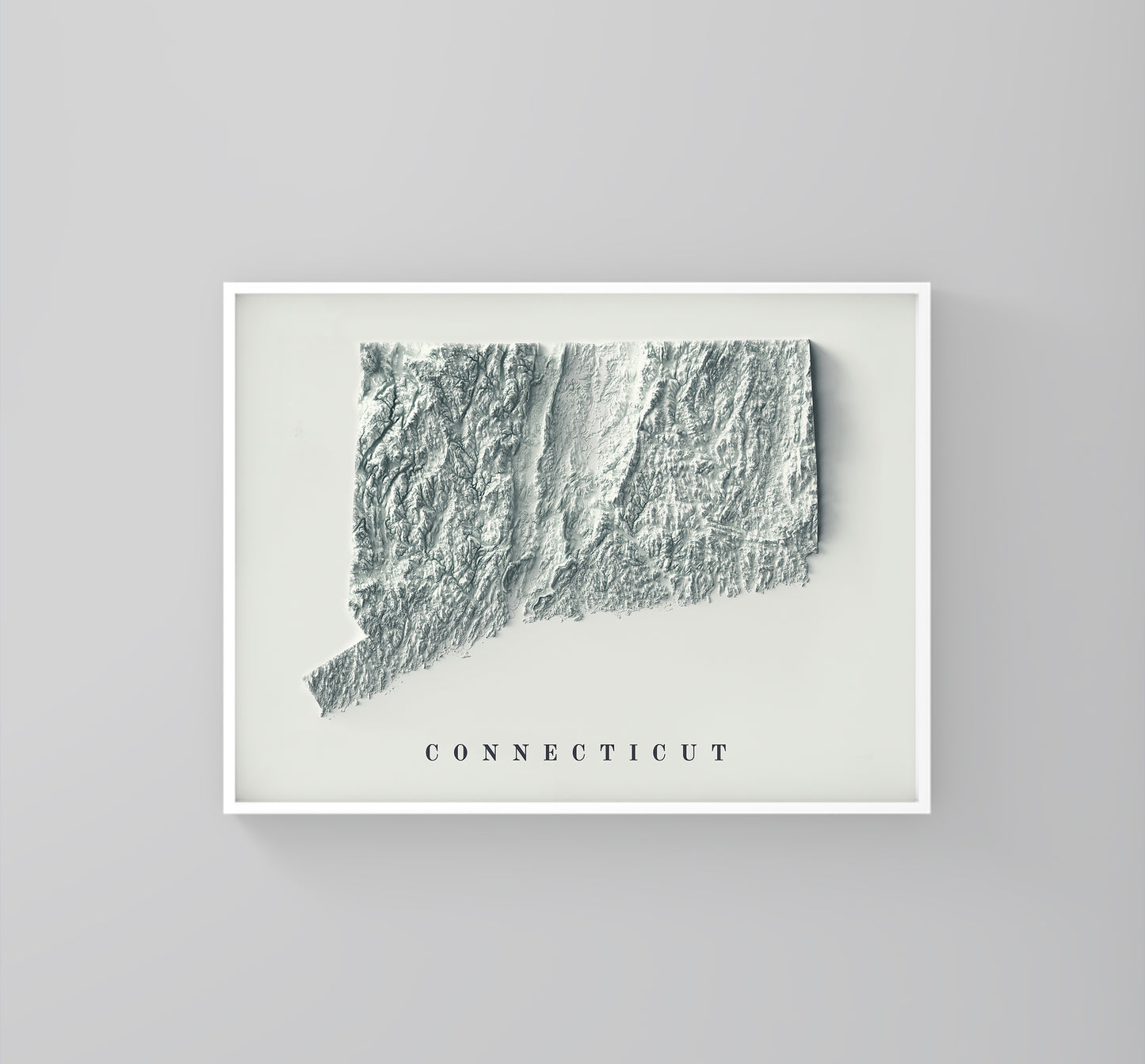 Connecticut (USA) vintage framed shaded relief map in white frame. Artistic print highlighting mountains with a realistic 3d effect