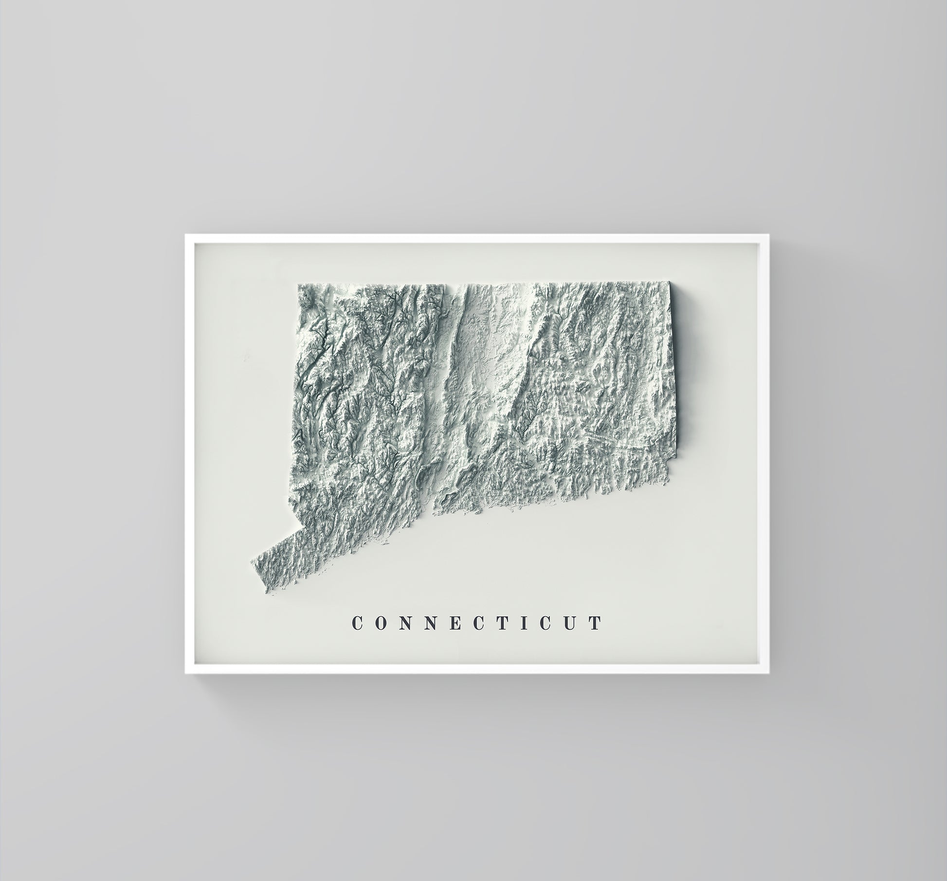 Connecticut (USA) vintage framed shaded relief map in white frame. Artistic print highlighting mountains with a realistic 3d effect