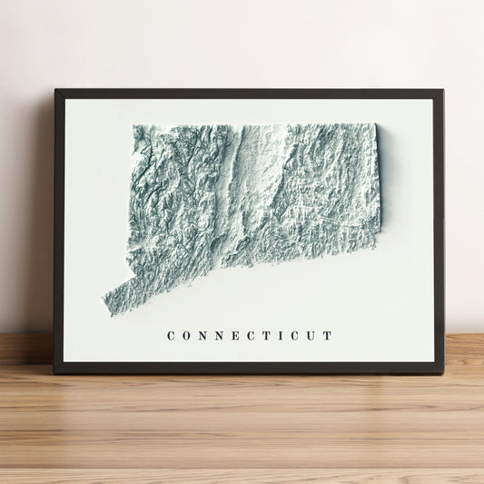 Connecticut (USA) vintage framed shaded relief map in black frame. Artistic print highlighting mountains with a realistic terrain effect