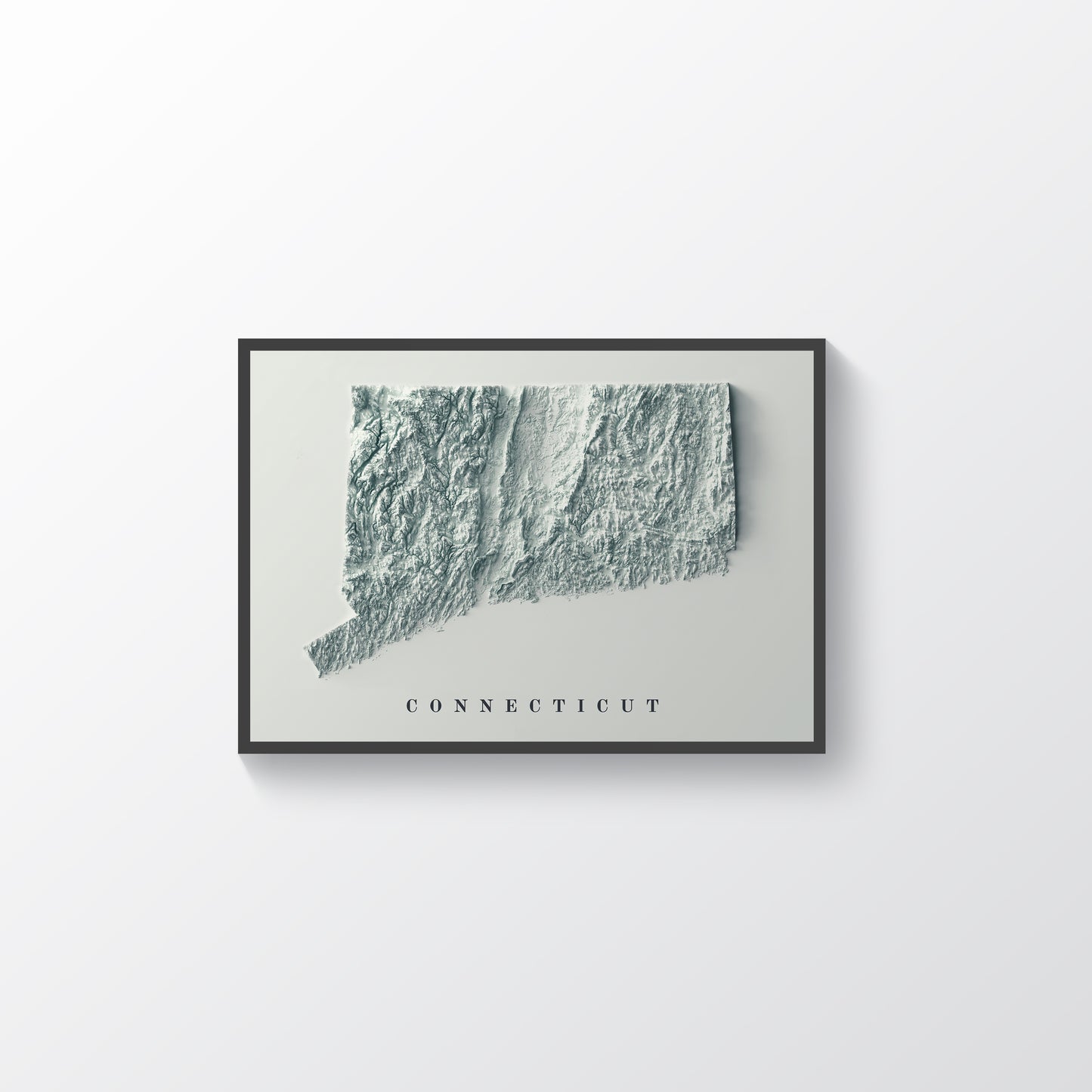 Connecticut (USA) vintage framed shaded relief map in black frame. Artistic print highlighting mountains with a realistic terrain effect