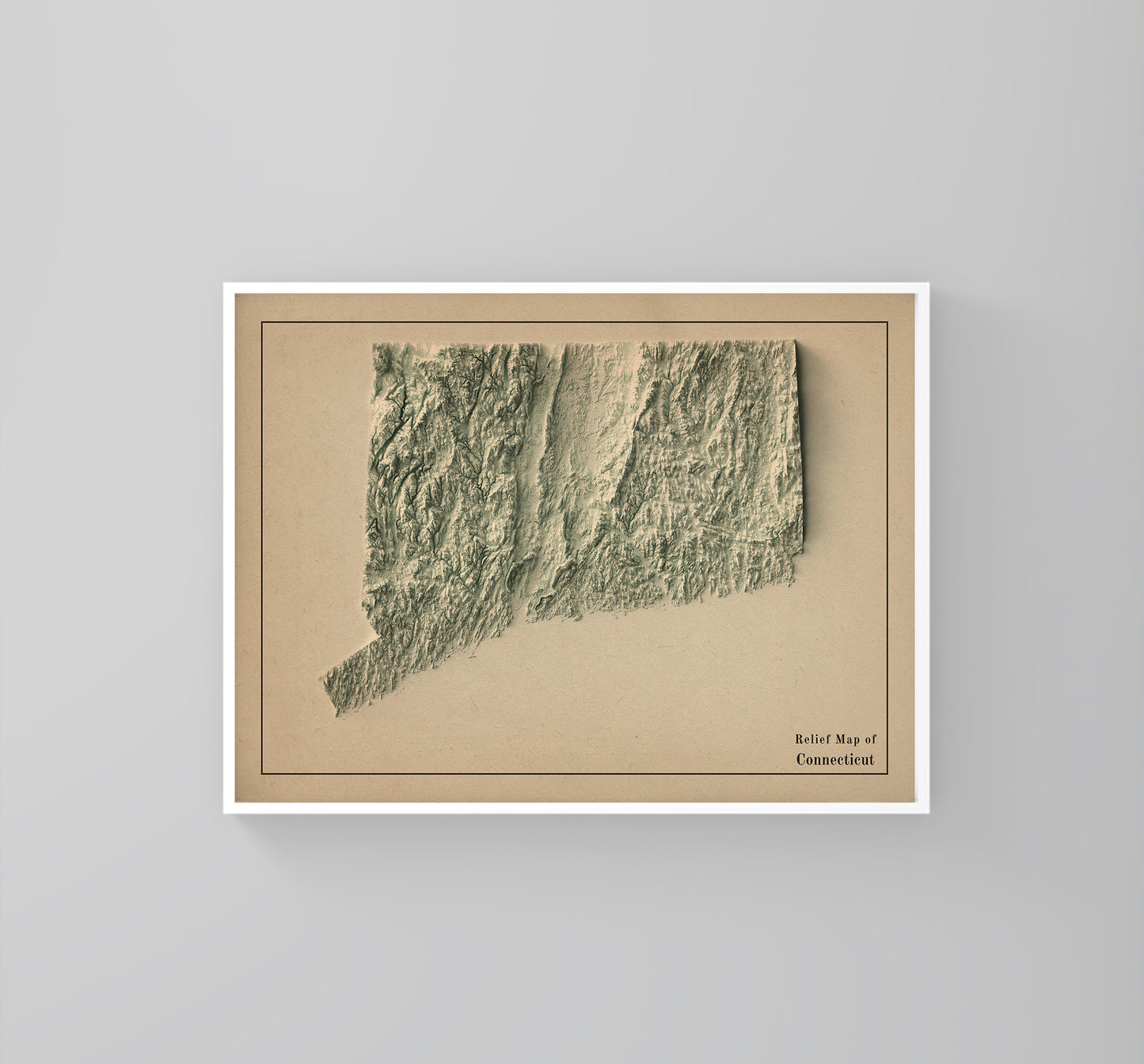 Connecticut (USA) vintage framed shaded relief map in white frame. Artistic print highlighting mountains with a realistic 3d effect