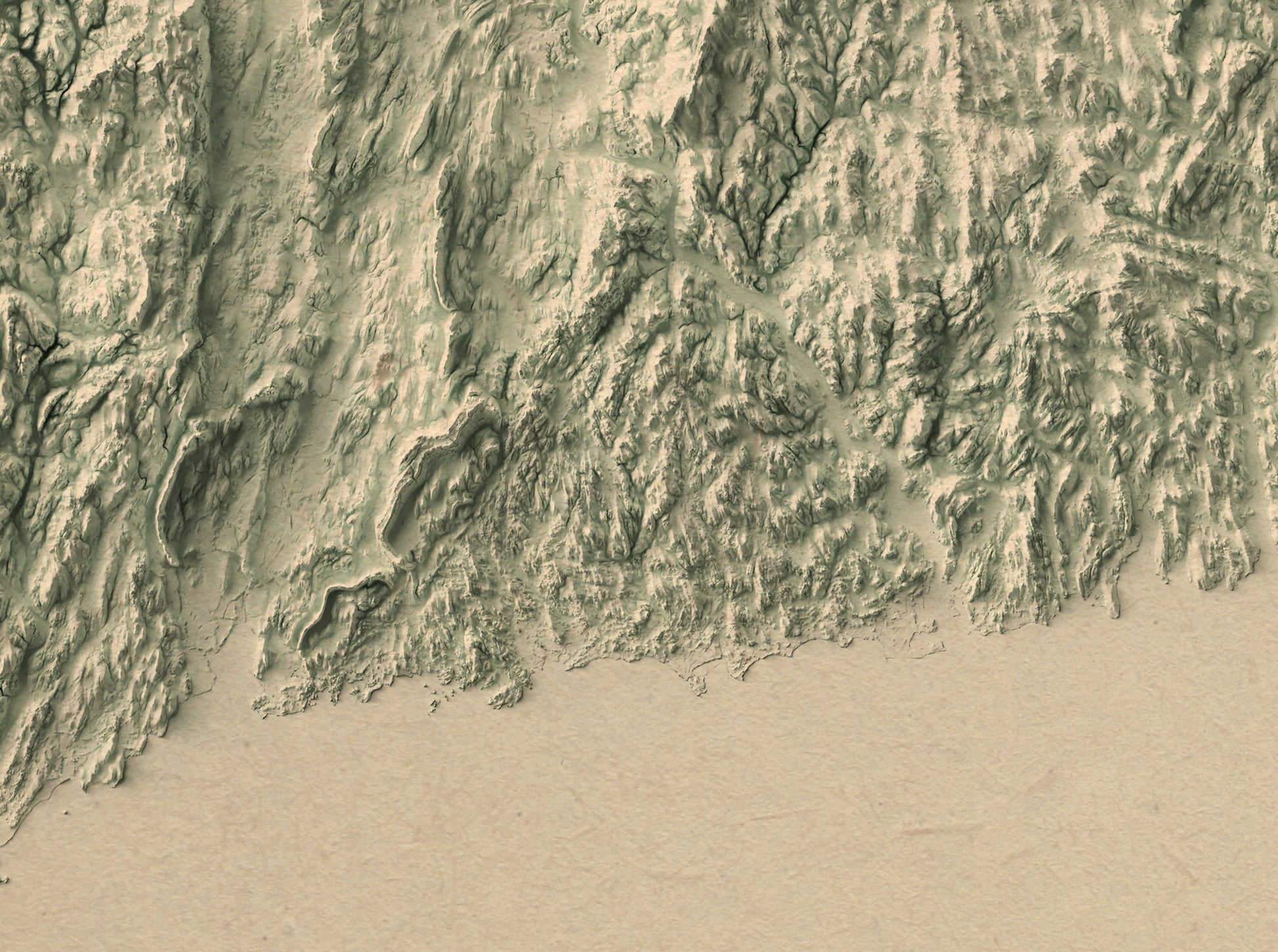 Detailed close-up of a Connecticut (USA) relief map, showcasing textured topography and geographic contours