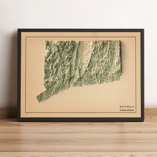 Connecticut (USA) vintage framed shaded relief map in black frame. Artistic print highlighting mountains with a realistic terrain effect
