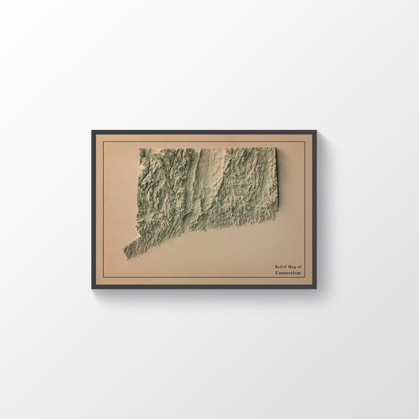 Connecticut (USA) vintage framed shaded relief map in black frame. Artistic print highlighting mountains with a realistic terrain effect