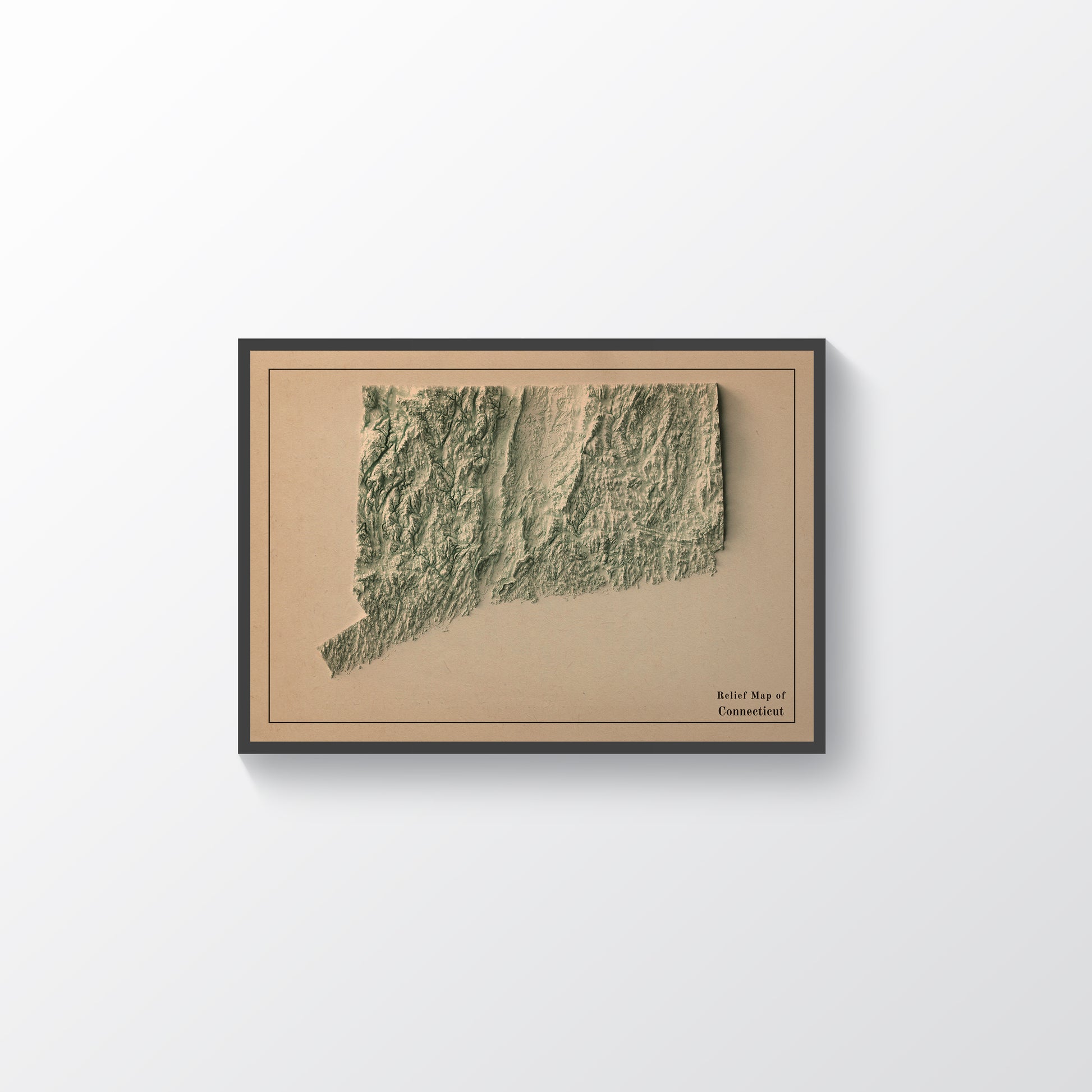 Connecticut (USA) vintage framed shaded relief map in black frame. Artistic print highlighting mountains with a realistic terrain effect