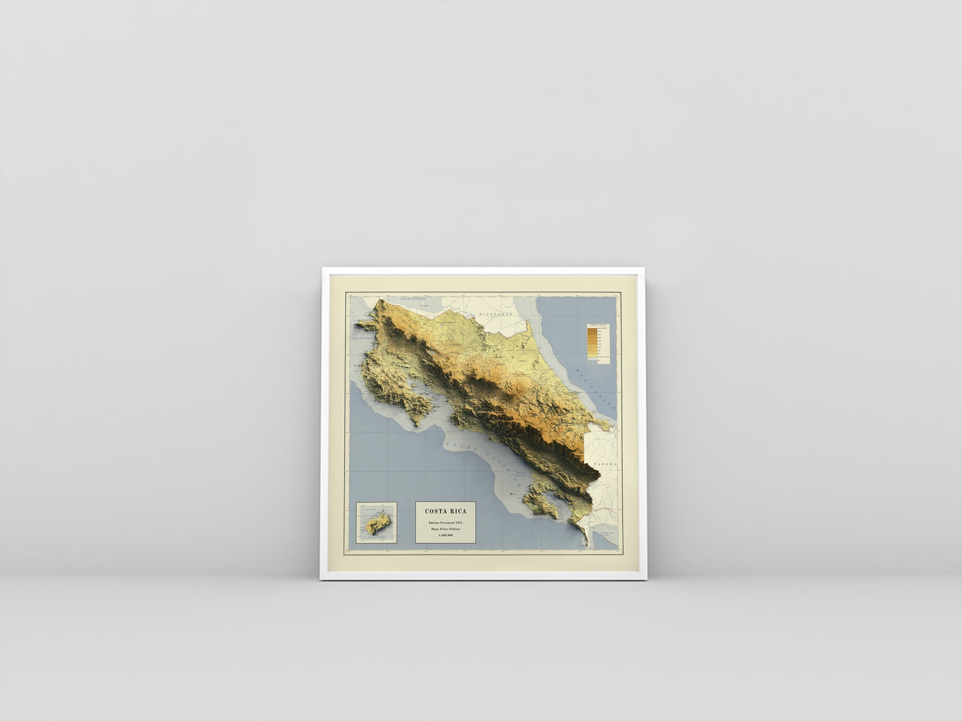 Costa Rica vintage framed shaded relief map in white frame. Artistic print highlighting mountains with a realistic 3d effect