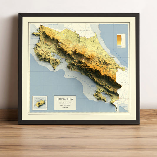 Costa Rica vintage framed shaded relief map in black frame. Artistic print highlighting mountains with a realistic terrain effect