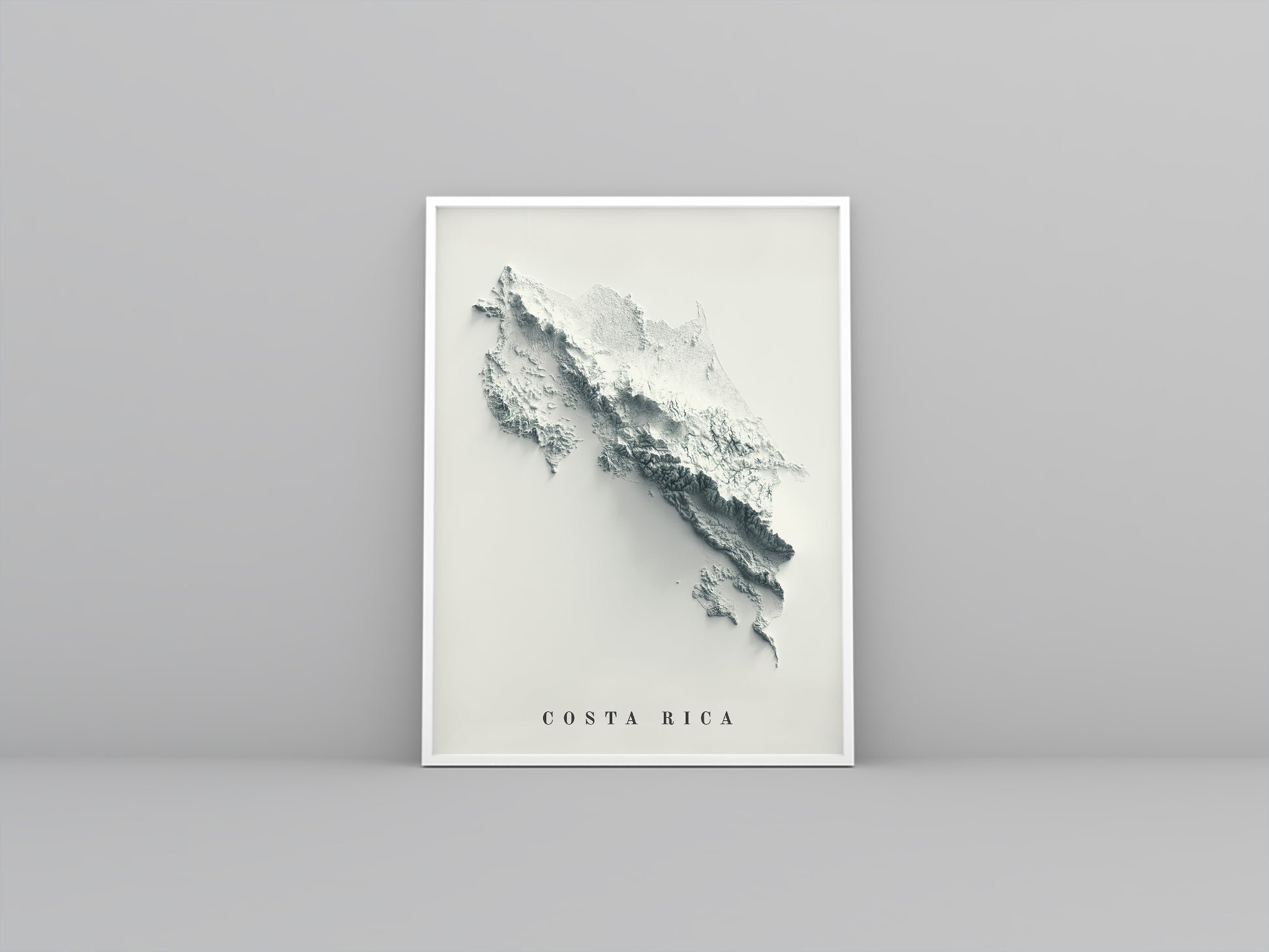 Costa Rica vintage framed shaded relief map in white frame. Artistic print highlighting mountains with a realistic 3d effect