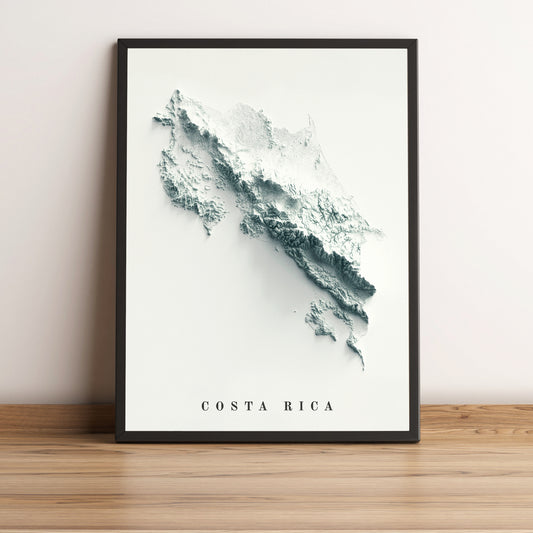 Costa Rica vintage framed shaded relief map in black frame. Artistic print highlighting mountains with a realistic terrain effect