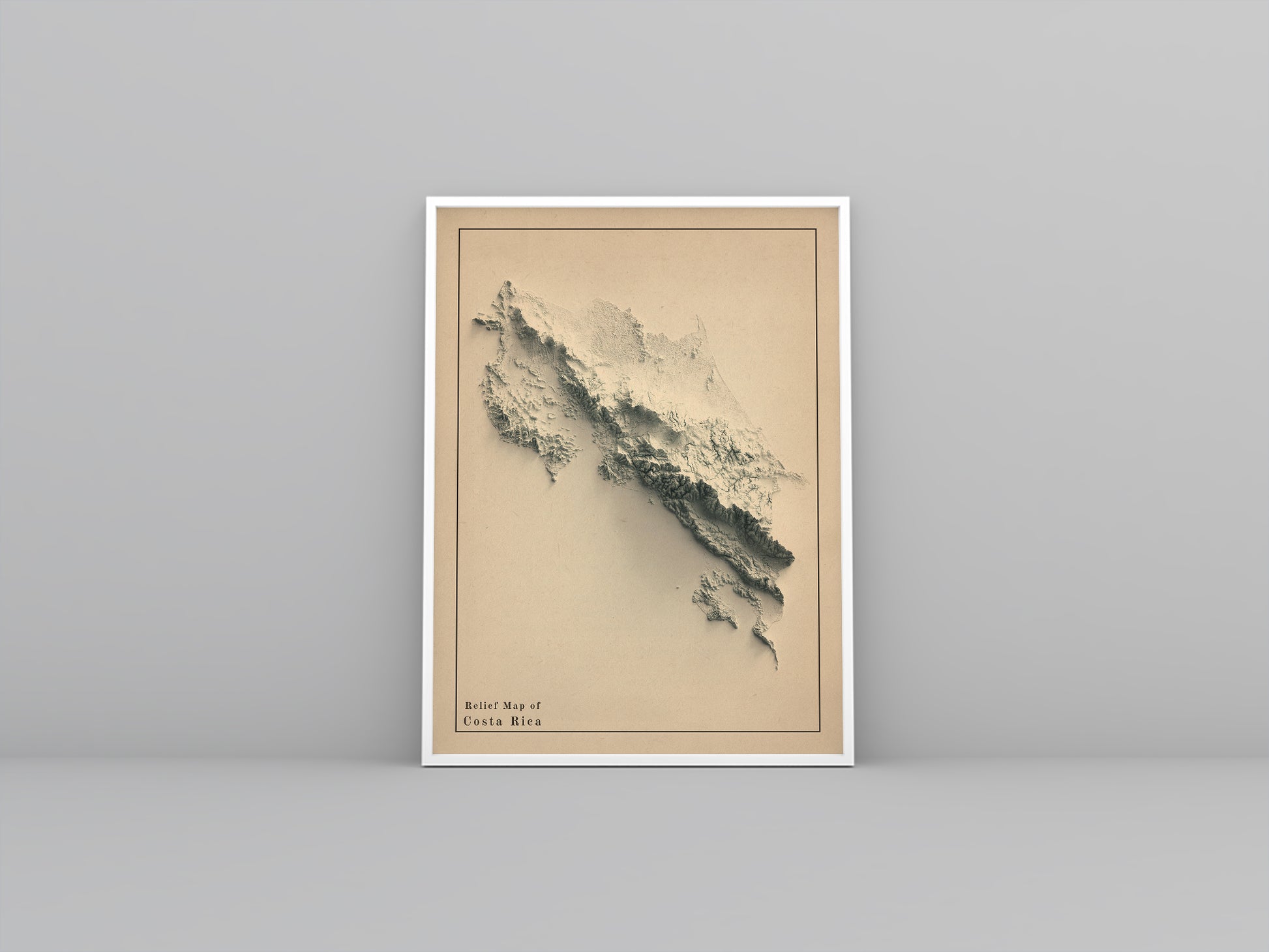 Costa Rica vintage framed shaded relief map in white frame. Artistic print highlighting mountains with a realistic 3d effect