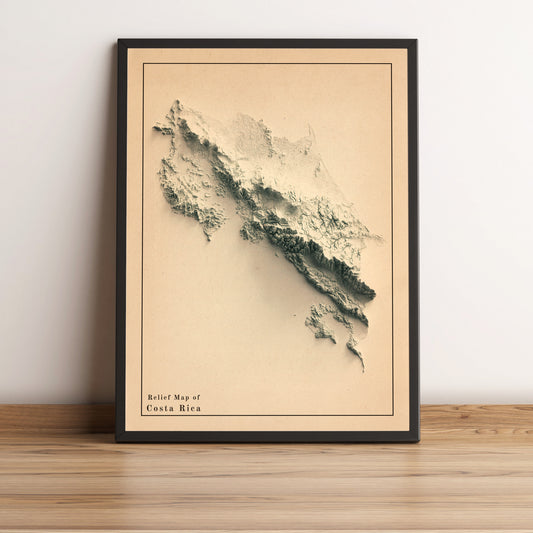 Costa Rica vintage framed shaded relief map in black frame. Artistic print highlighting mountains with a realistic terrain effect