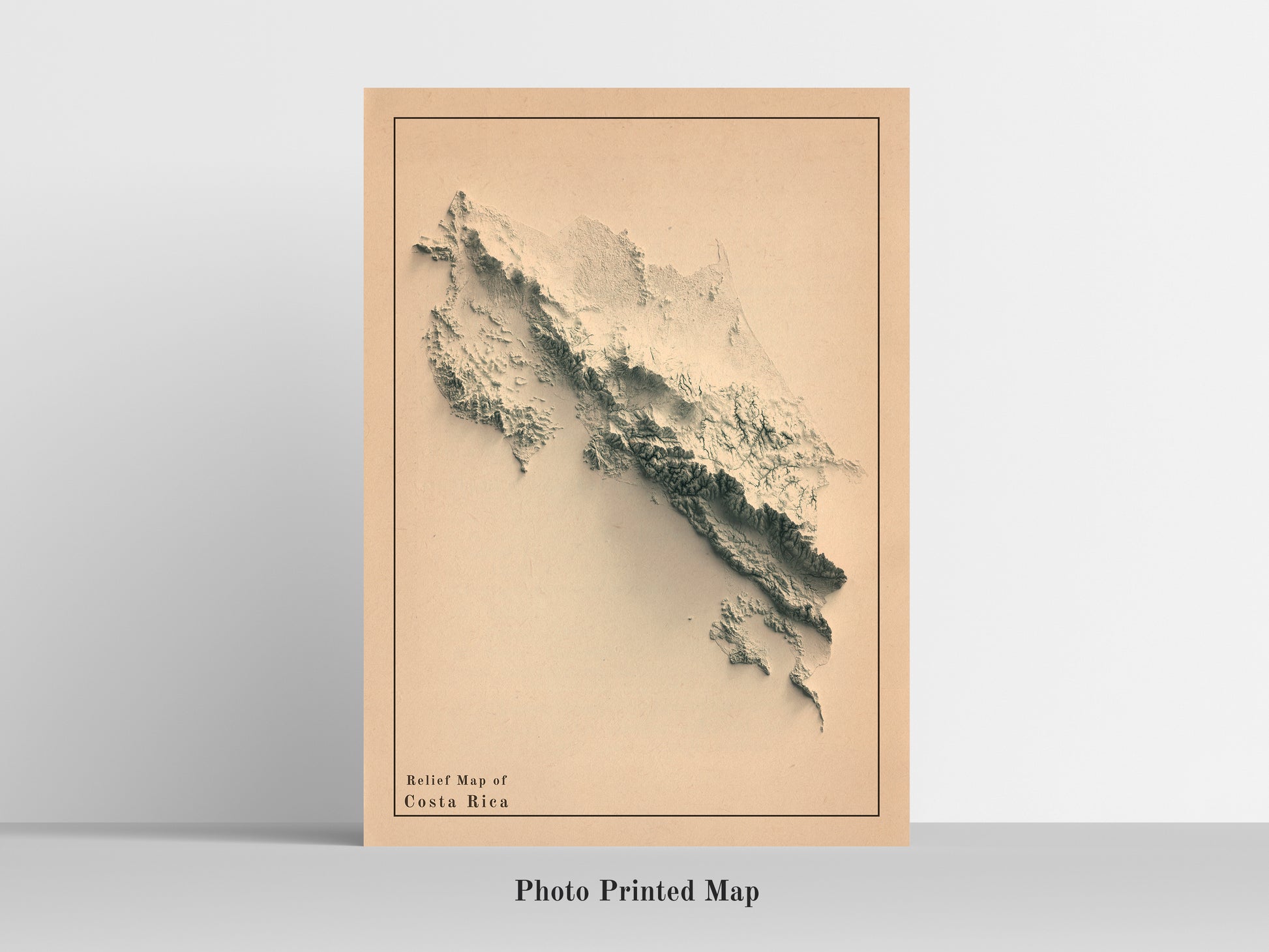 Costa Rica Shaded relief map print, highlighting topography. Ideal for home decor and geography lovers