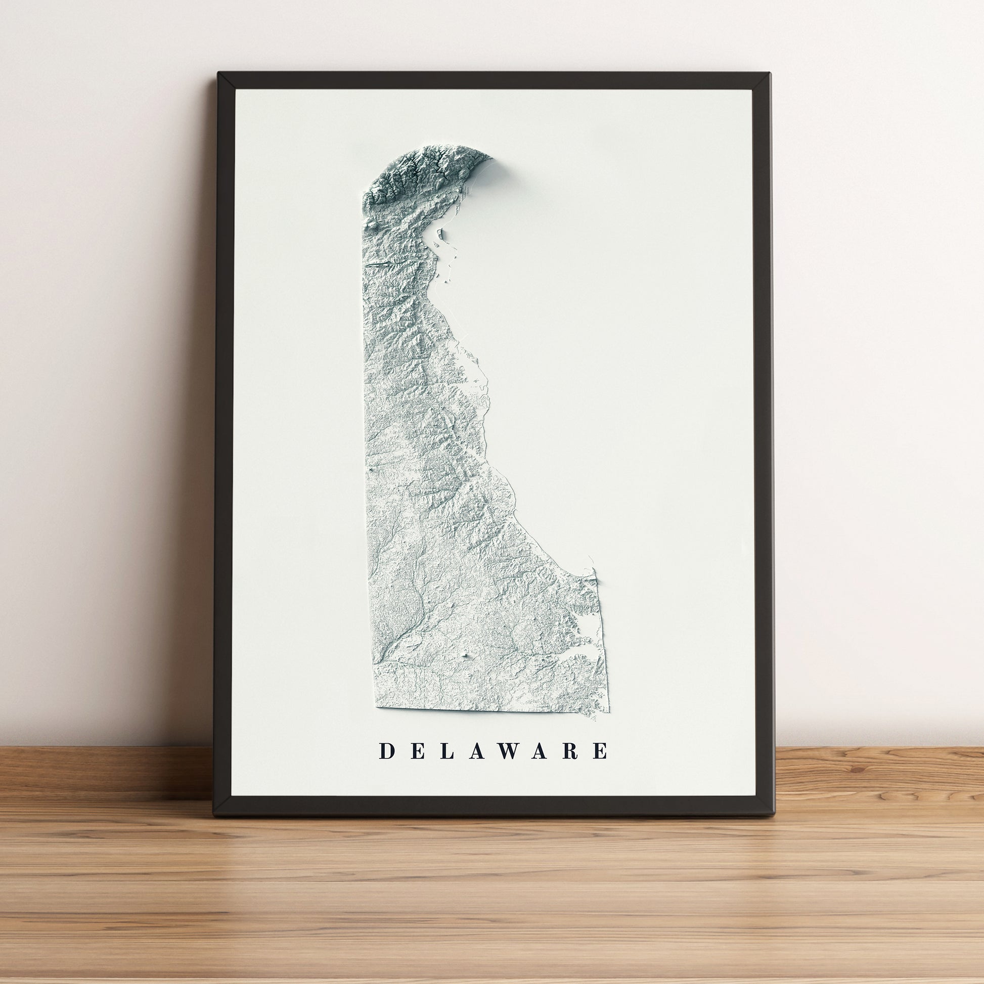 Delaware (USA) framed shaded relief map in black frame. Artistic print highlighting mountains with a realistic terrain effect