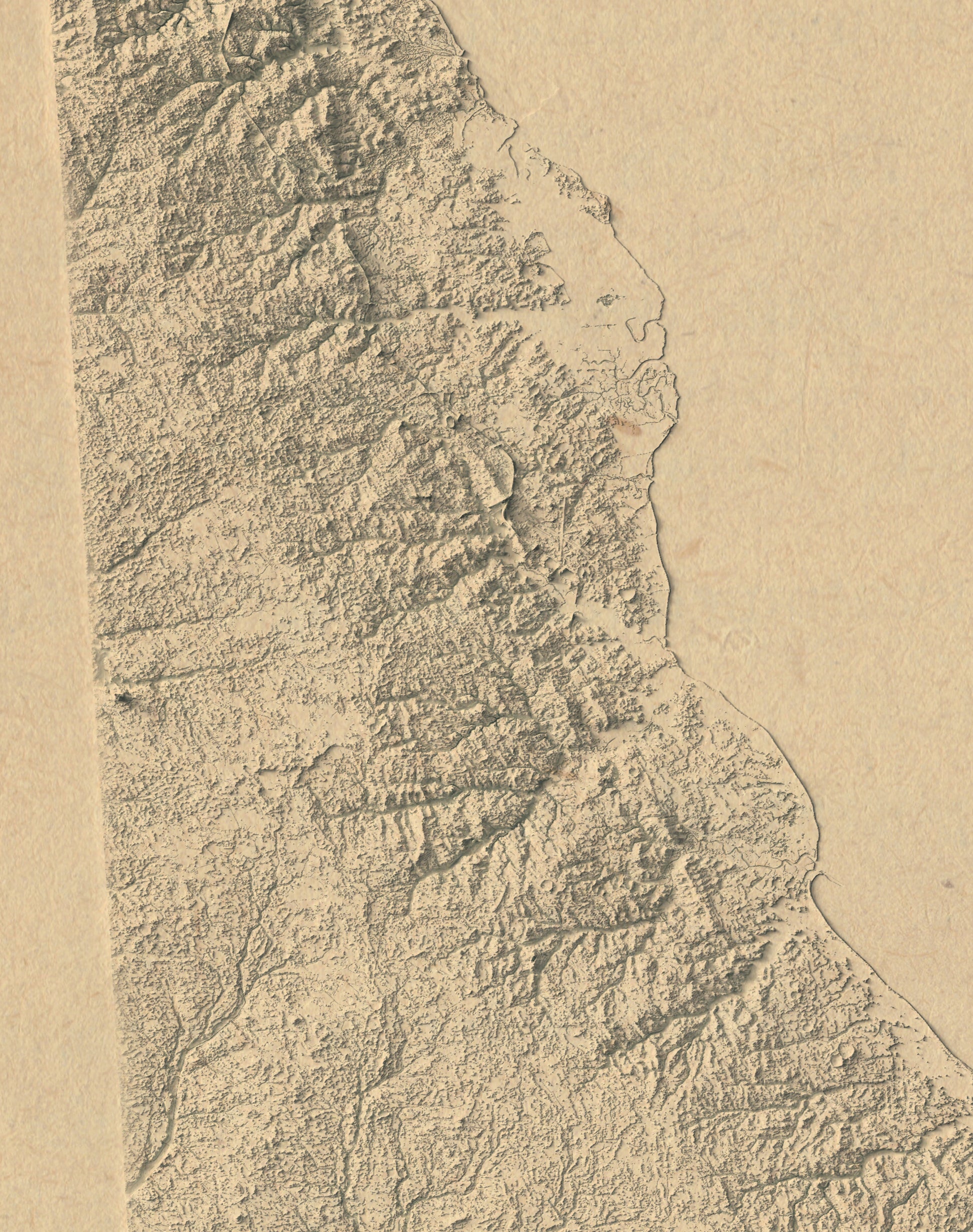 Detailed close-up of a vintage Delaware (USA) map, showcasing textured topography and geographic contours